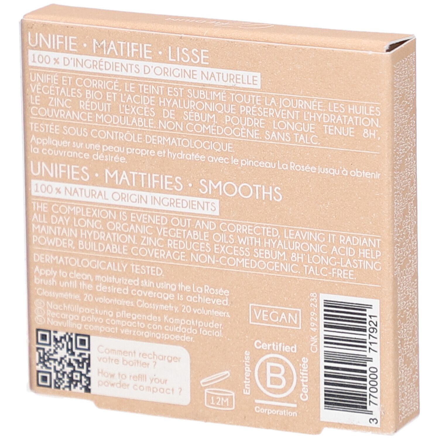 Rückseite der Kartonverpackung. Text: Unifie, Matifie, Lisse. 100% Inhaltsstoffe natürlichen Ursprungs. Vegan. Zertifiziert.
