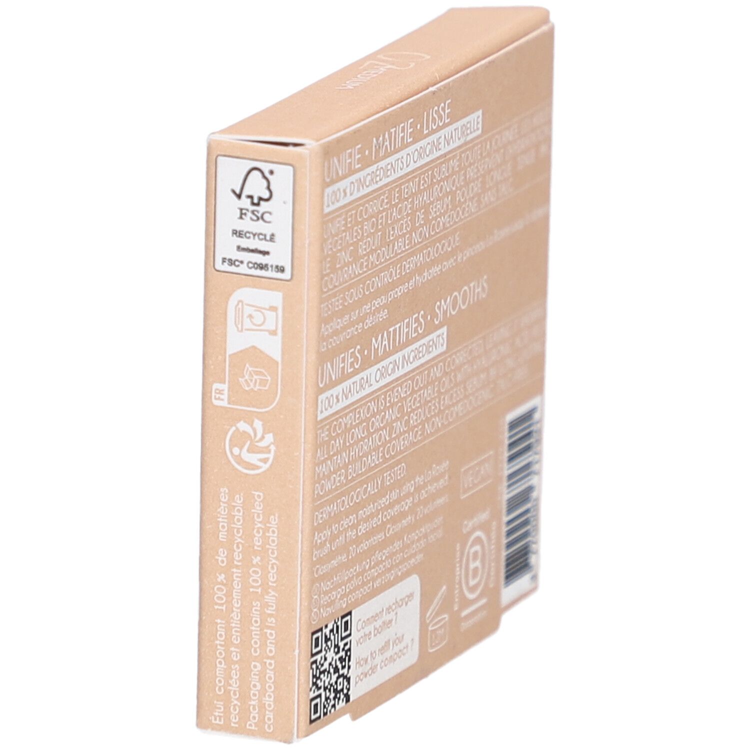 Kartonverpackung, Seitenansicht. Text: FSC Recycle. 100% recycelter Karton. Zertifizierungen. QR-Code.