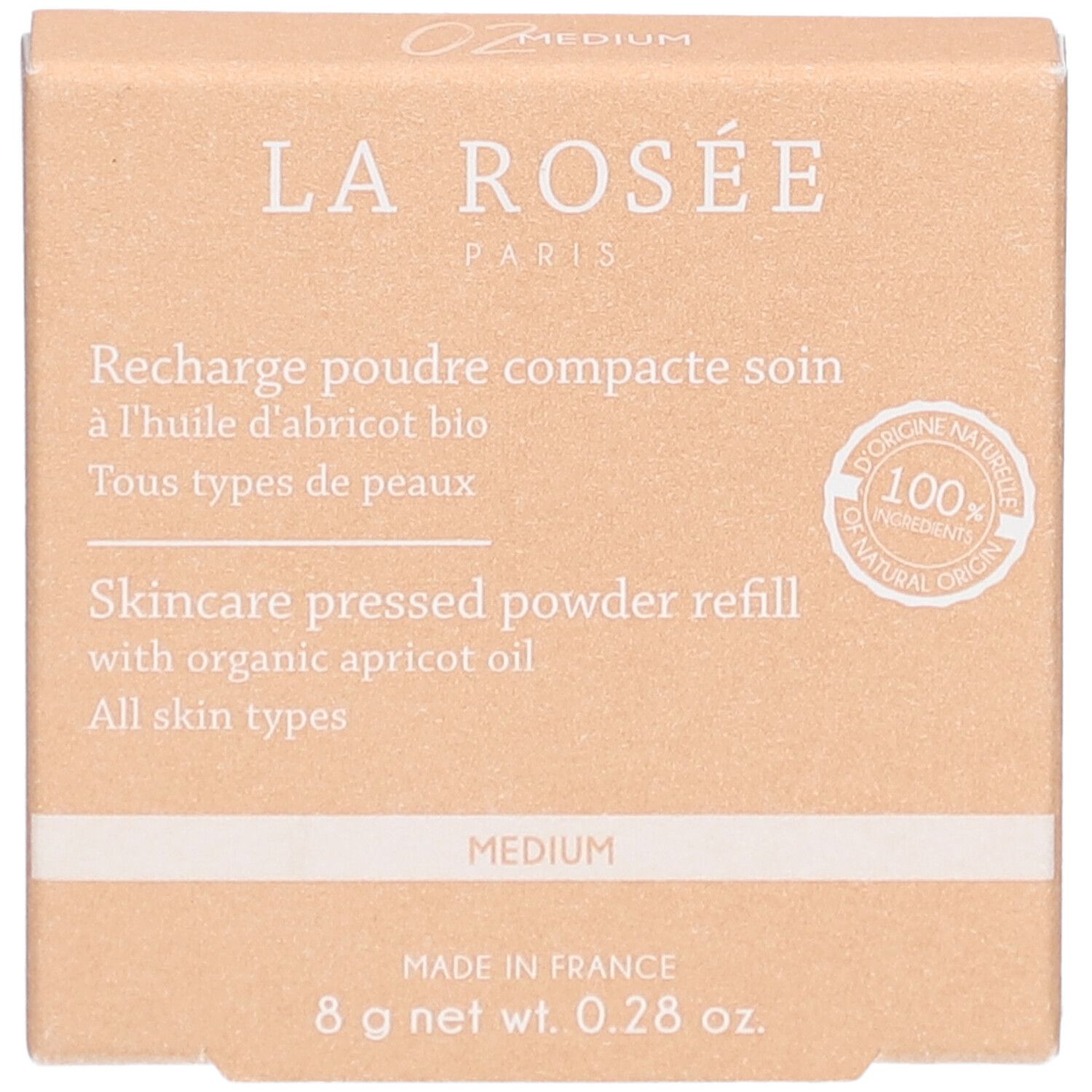Kompaktpuder-Nachfüllung in Kartonverpackung. Marke La Rosée. Text: Recharge poudre compacte soin. Medium-Farbton. 8 g.
