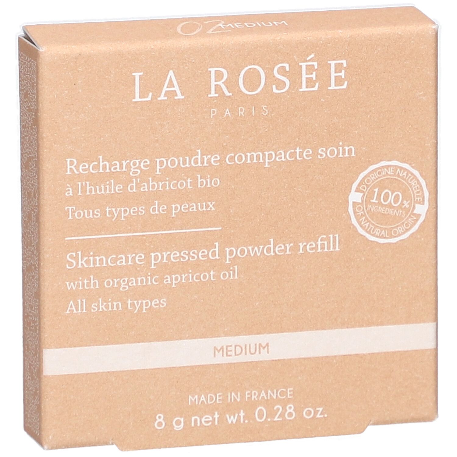 Kompaktpuder-Nachfüllung in Kartonverpackung. Marke La Rosée. Text: Recharge poudre compacte soin. Medium-Farbton. 8 g.