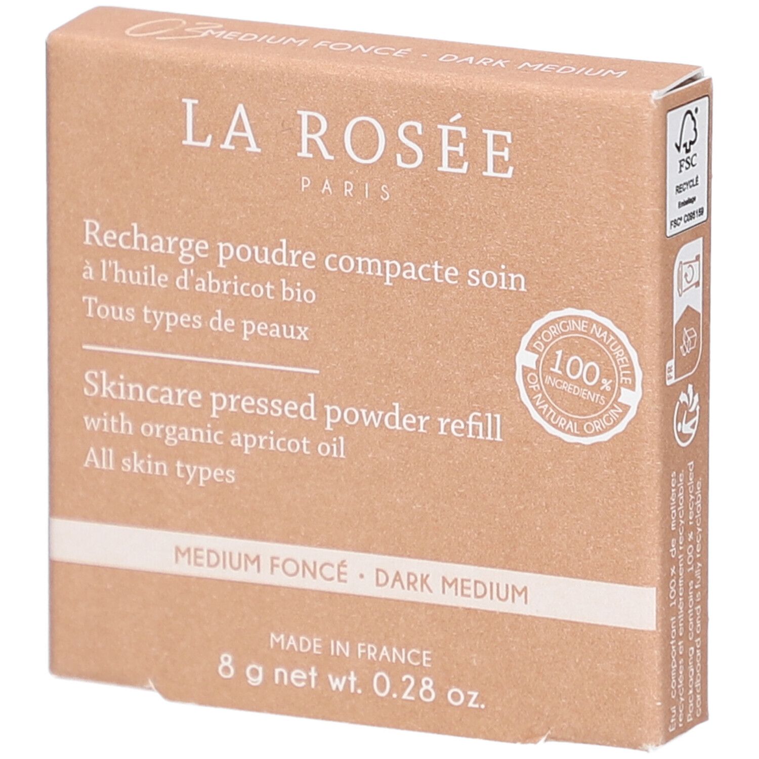 Kompaktpuder-Nachfüllung in Kartonverpackung. Aufdrucke: La Rosée, Inhaltsstoffe, 8g, FSC-Siegel.