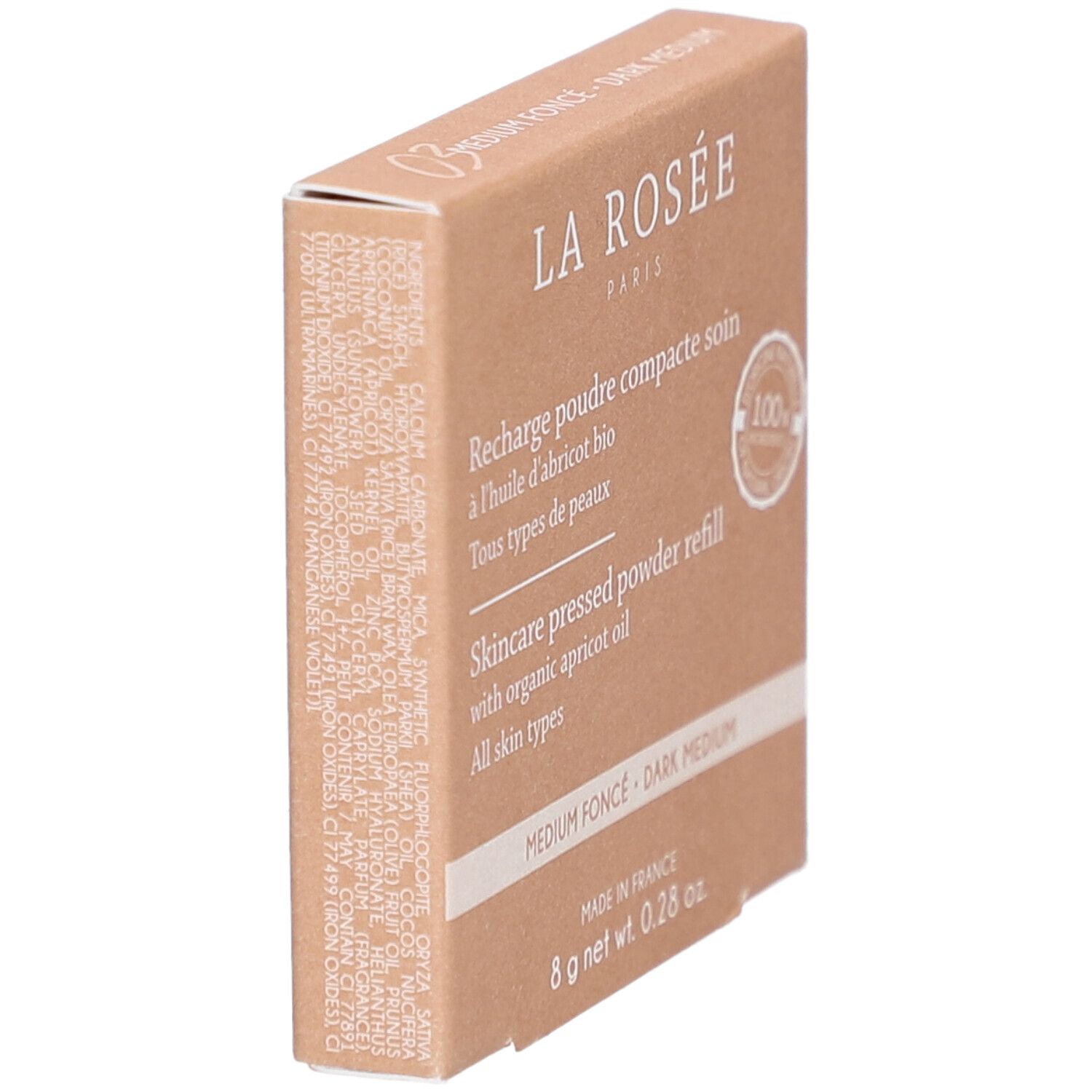 Kompaktpuder-Nachfüllung in Kartonverpackung. Aufdrucke: La Rosée, Inhaltsstoffe, 8g, FSC-Siegel.