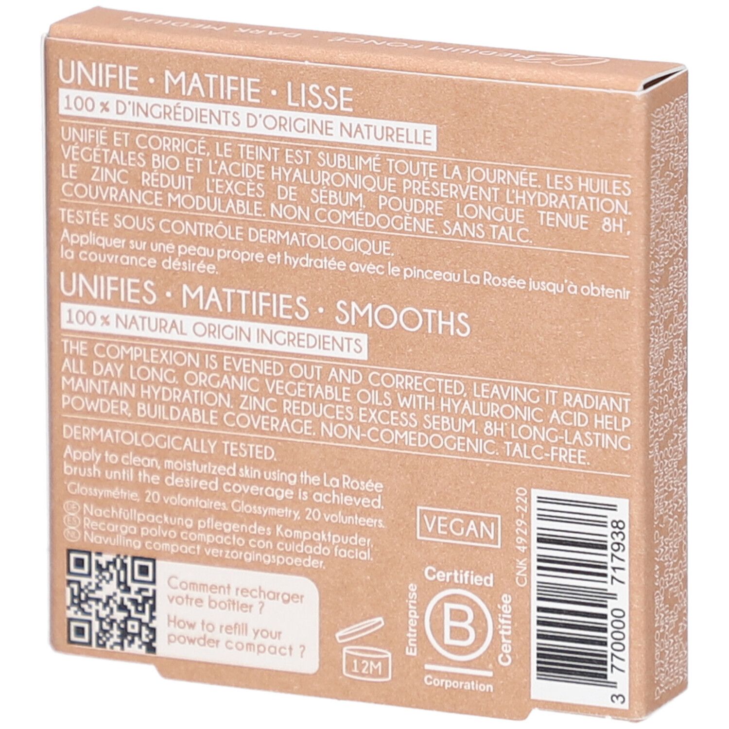 Rückseite der Kompaktpuder-Nachfüllung. Text: Inhaltsstoffe, vegan, dermatologisch getestet, B Corp-Zertifizierung.