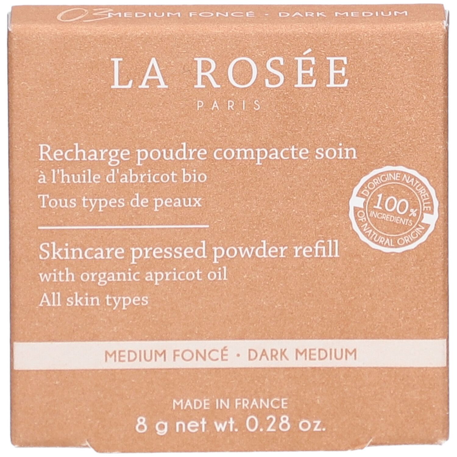 Kompaktpuder-Nachfüllung in Kartonverpackung. Aufdrucke: La Rosée, Inhaltsstoffe, 8g, FSC-Siegel.