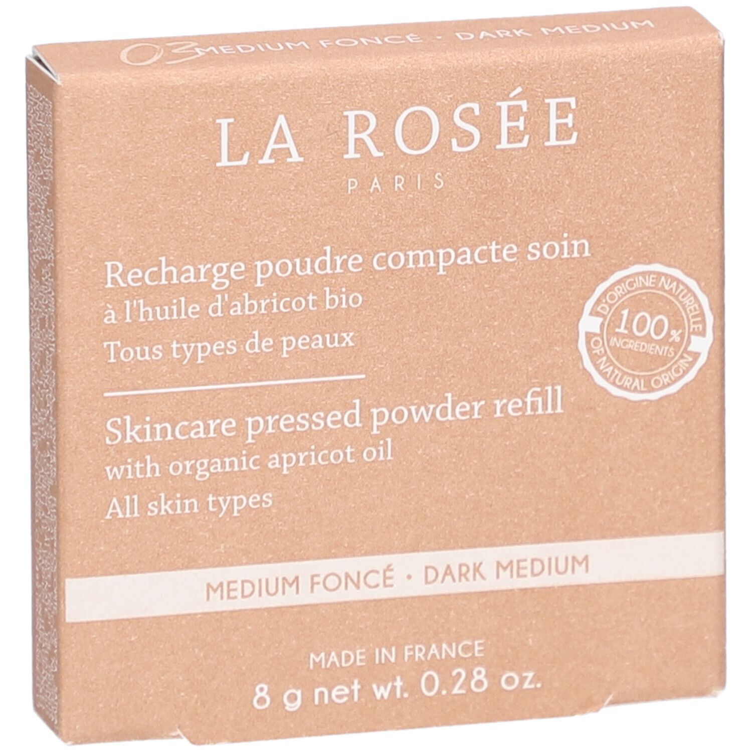 Kompaktpuder-Nachfüllung in Kartonverpackung. Aufdrucke: La Rosée, Inhaltsstoffe, 8g, FSC-Siegel.