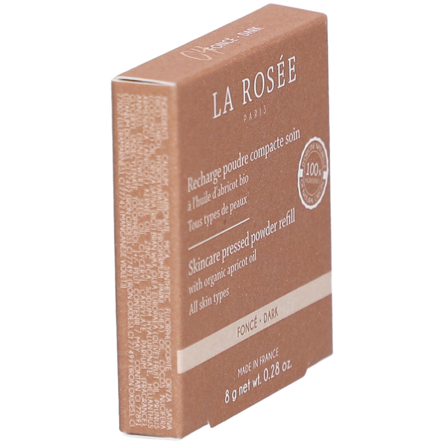 Kompaktpuder-Nachfüllung in brauner Kartonverpackung. Aufschrift: La Rosée, Pflege Dunkel. Seitenansicht.