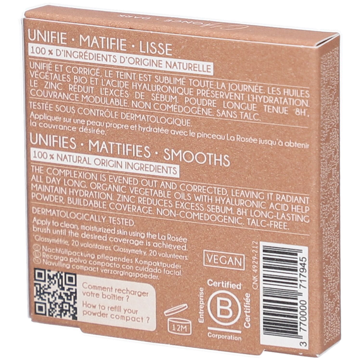 Rückseite der Kartonverpackung. Text: Unifie, Matifie, Lisse. Vegan-Zertifizierung. B Corp-Zertifizierung. QR-Code.