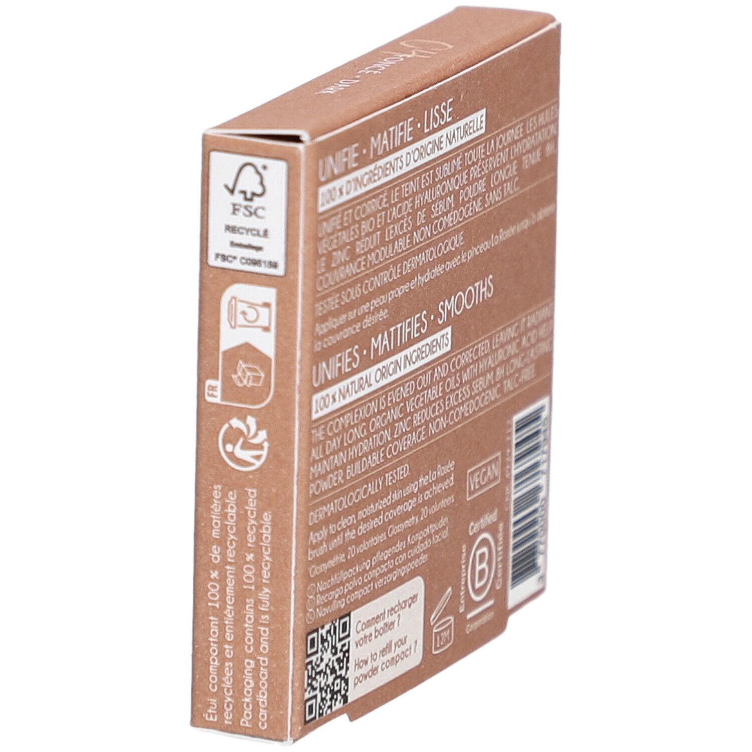 Kartonverpackung mit FSC- und Recycling-Symbolen. Text: 100% recycelbar. B Corp-Zertifizierung.