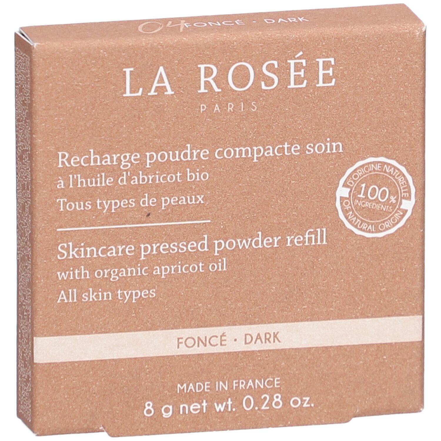 Kompaktpuder-Nachfüllung in brauner Kartonverpackung. Aufschrift: La Rosée, Pflege Dunkel. 8 g.