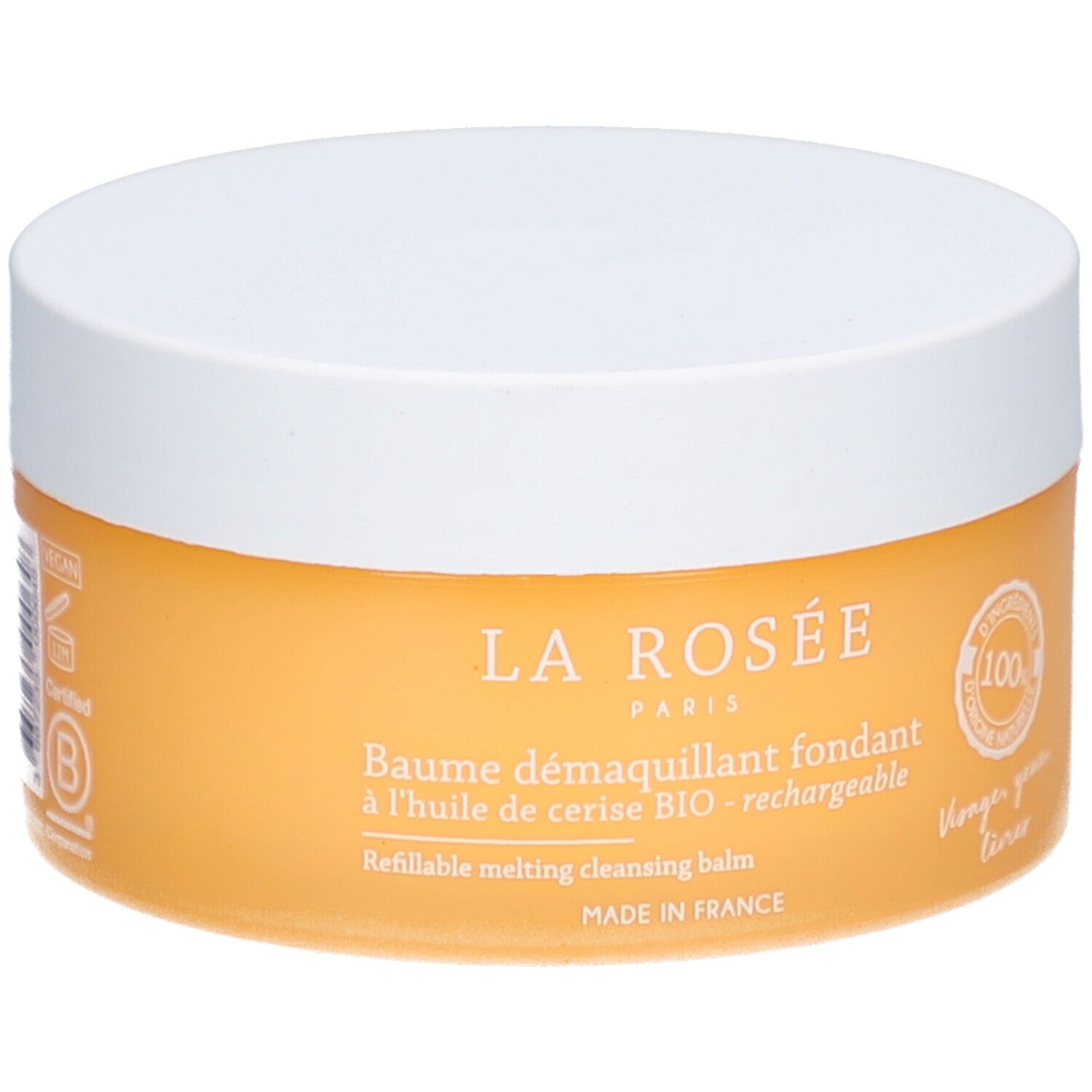 Runder Tiegel mit weißem Deckel. Aufschrift: LA ROSÉE, Baume démaquillant fondant. Enthält Bio-Kirschöl. Refillable melting cleansing balm. Hergestellt in Frankreich.