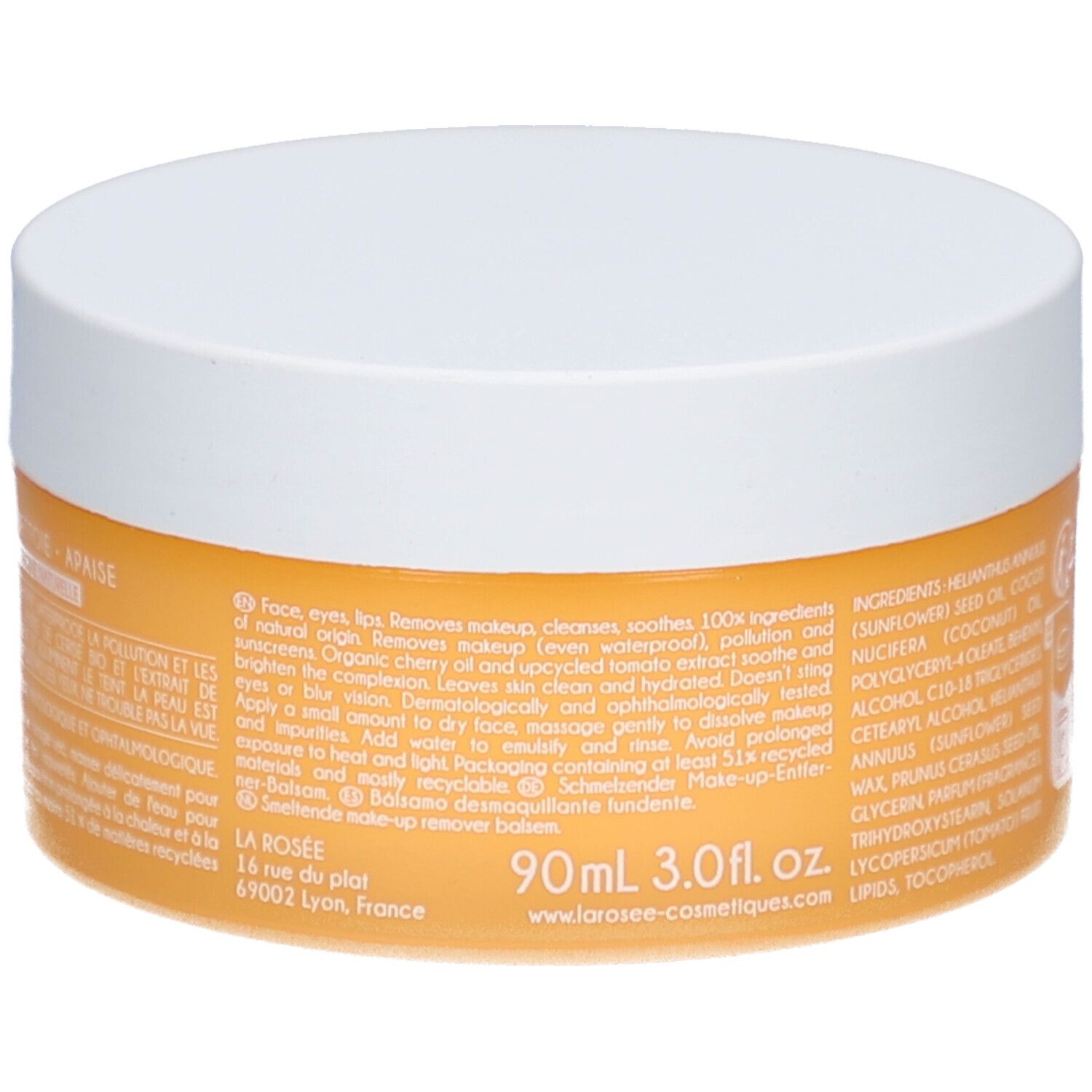 Runder Tiegel mit weißem Deckel. Aufschrift: 90ml 3.0 fl.oz. Text in französischer Sprache. Adresse: La Rosée, Lyon, Frankreich. Produktbeschreibung.