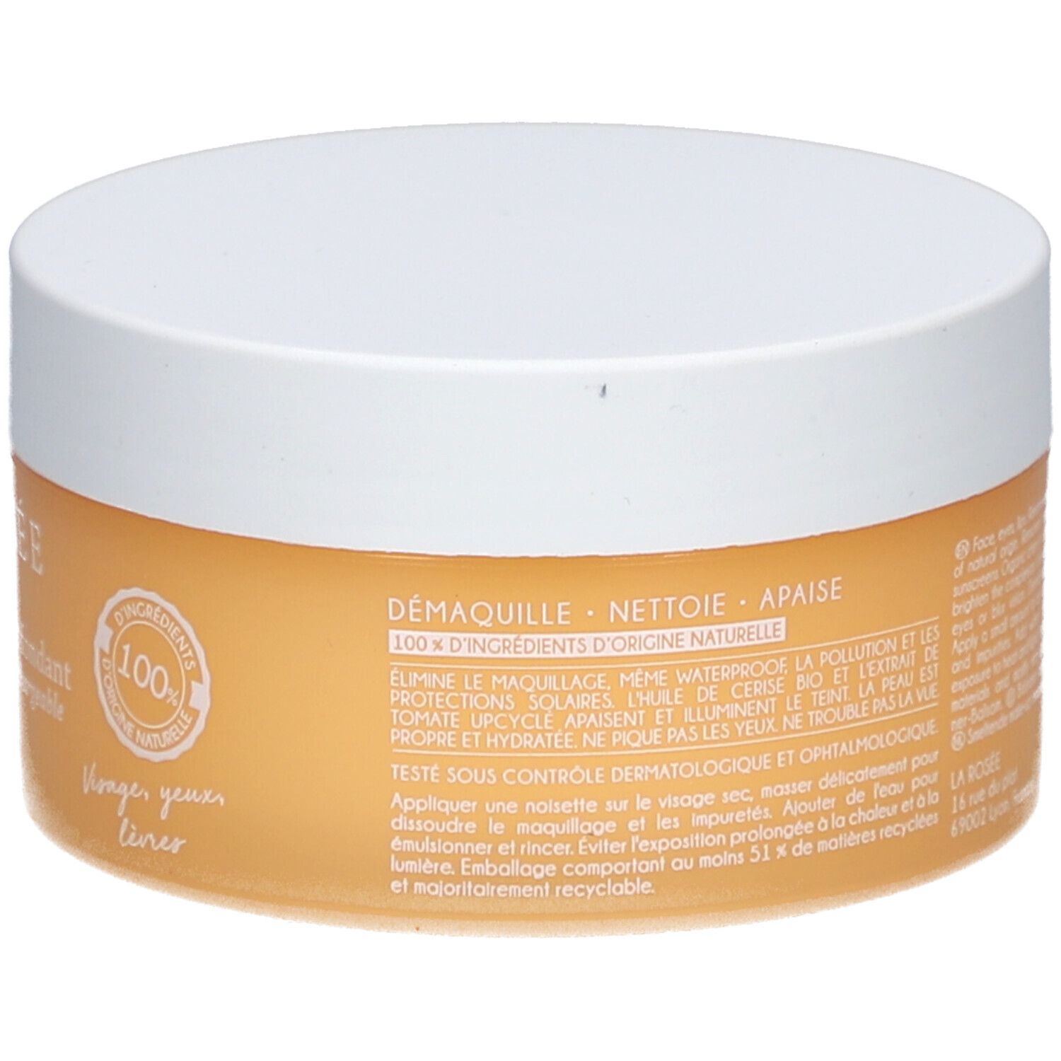 Runder Tiegel mit weißem Deckel. Aufschrift: 100% Inhaltsstoffe natürlichen Ursprungs. Text in französischer Sprache. Produktbeschreibung.