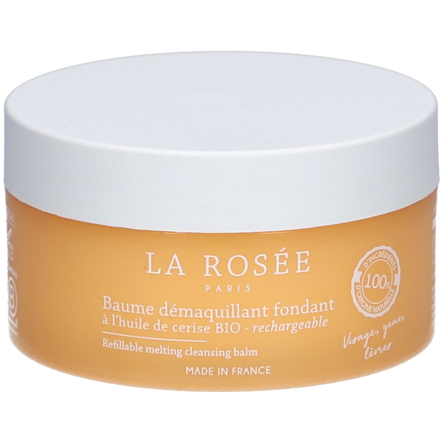 Runder Tiegel mit weißem Deckel. Aufschrift: LA ROSÉE, Baume démaquillant fondant. Enthält Bio-Kirschöl. Refillable melting cleansing balm. Hergestellt in Frankreich.