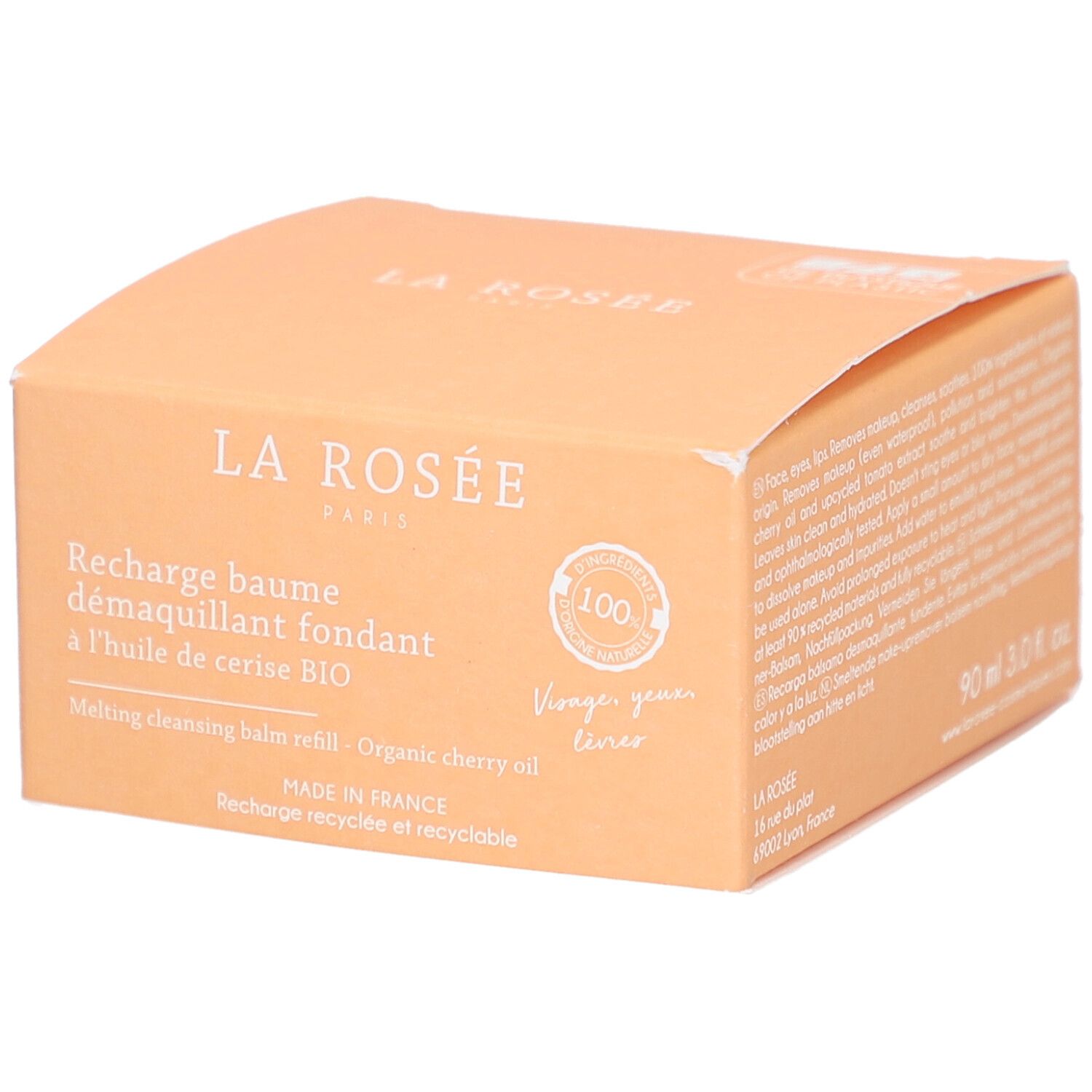 Beige Kartonverpackung. Text: La Rosée, Recharge baume démaquillant fondant. 100% natürliche Inhaltsstoffe. Recycelbar.