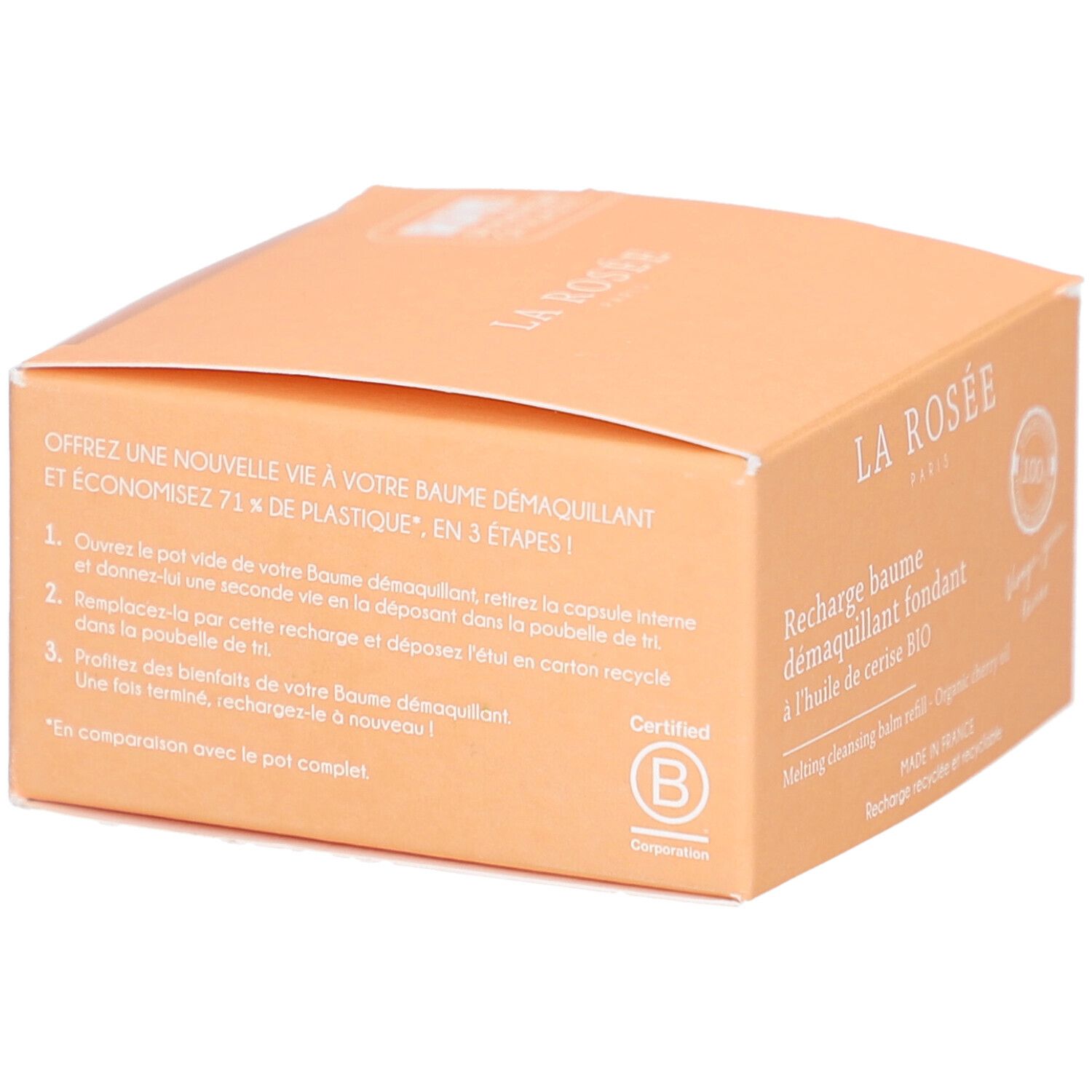 Beige Kartonverpackung. Text: La Rosée, Recharge baume démaquillant fondant. B Corp-Zertifizierung. Recycelbar.