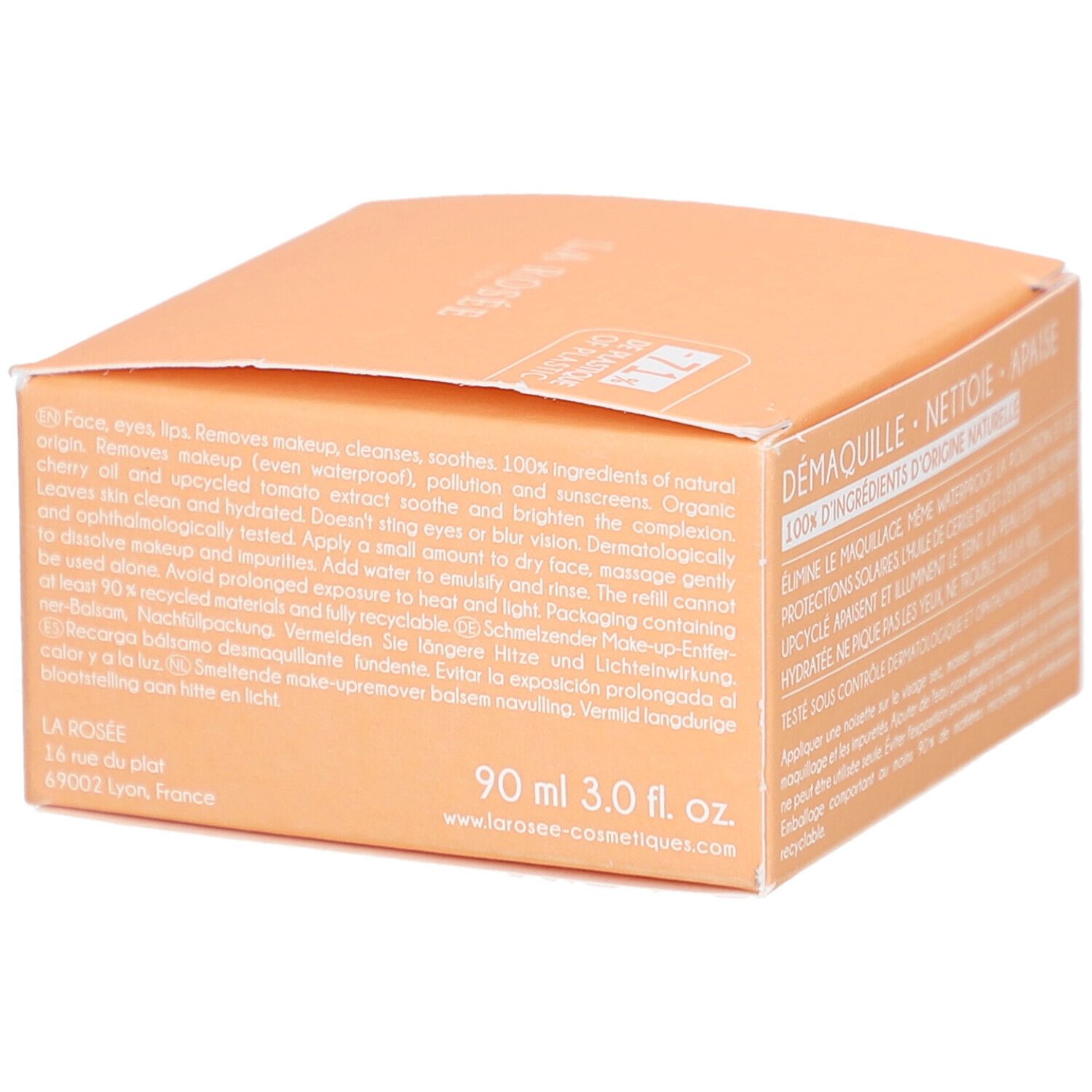 Beige Kartonverpackung. Text: La Rosée, 90 ml, 3.0 fl. oz. Adresse. Dermatologisch und ophthalmologisch getestet. Recycelbar.