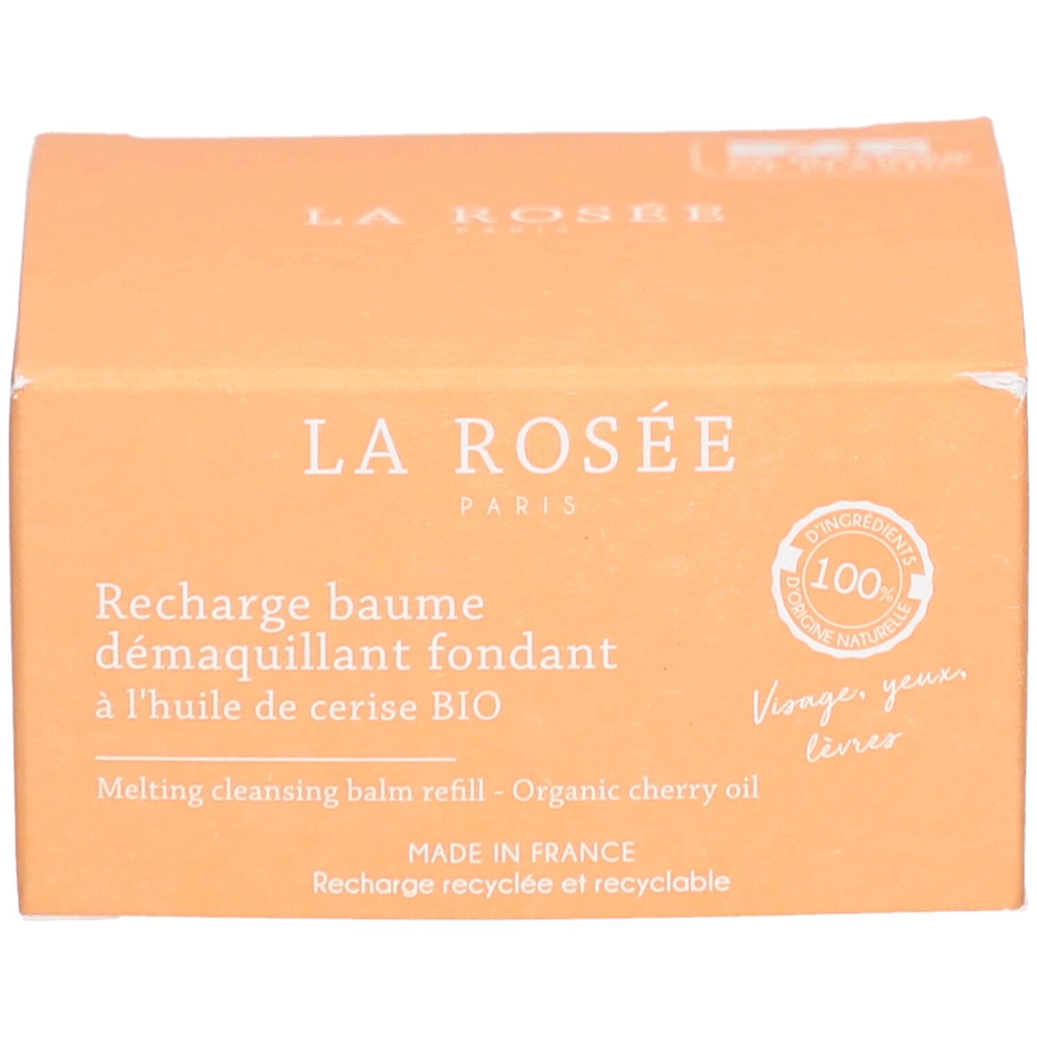 Beige Kartonverpackung. Text: La Rosée, Recharge baume démaquillant fondant. 100% natürliche Inhaltsstoffe. Recycelbar.