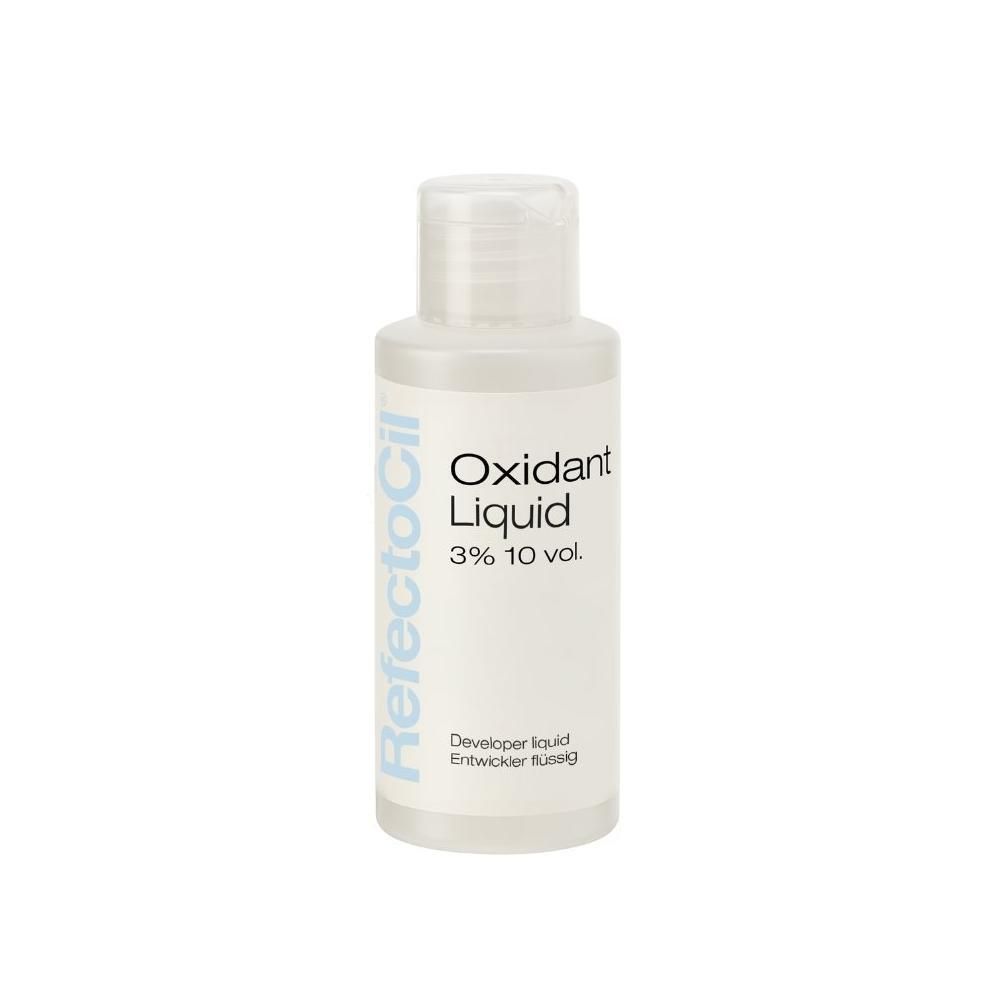 Flasche mit Oxidationsmittel. Aufschrift: RefectoCil, Oxidant Liquid 3% 10 vol.