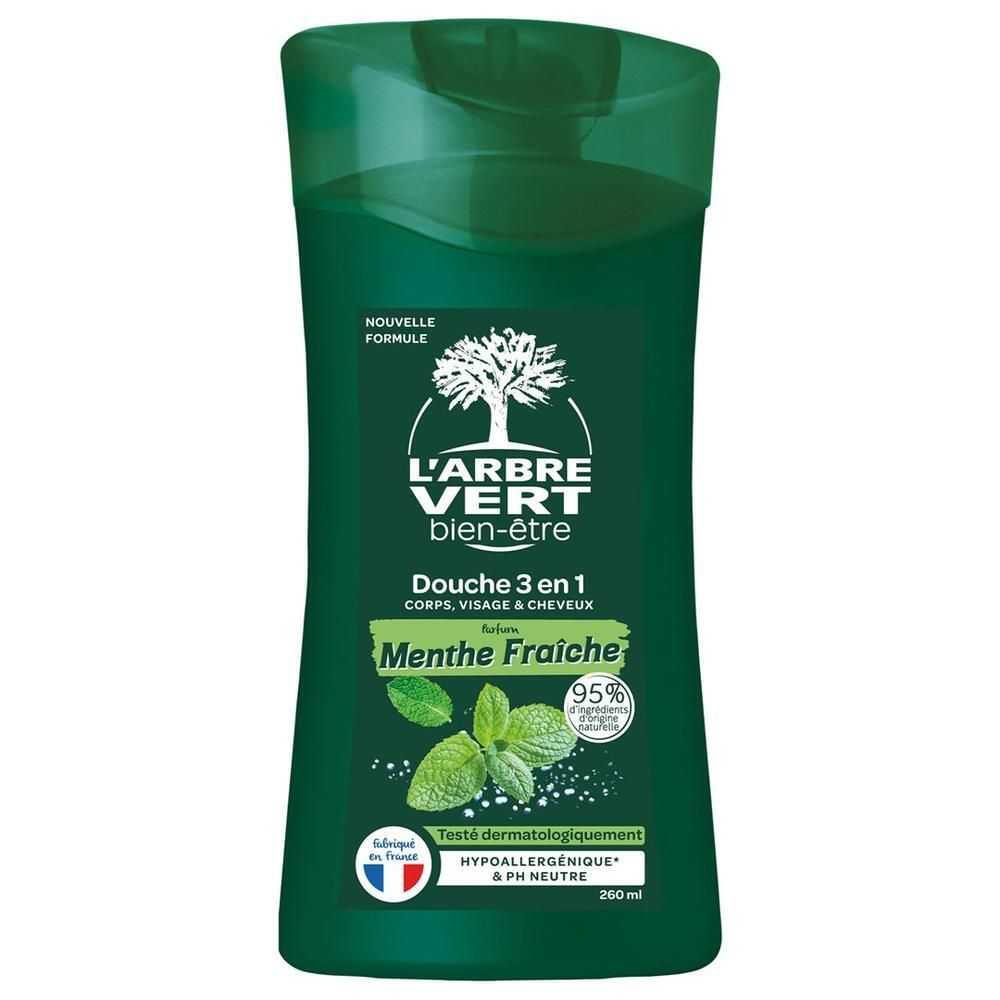 Grüne Flasche mit Produktetikett. Text: L'ARBRE VERT, Douche 3 en 1, Menthe Fraîche. Abbildung von Minzblättern.