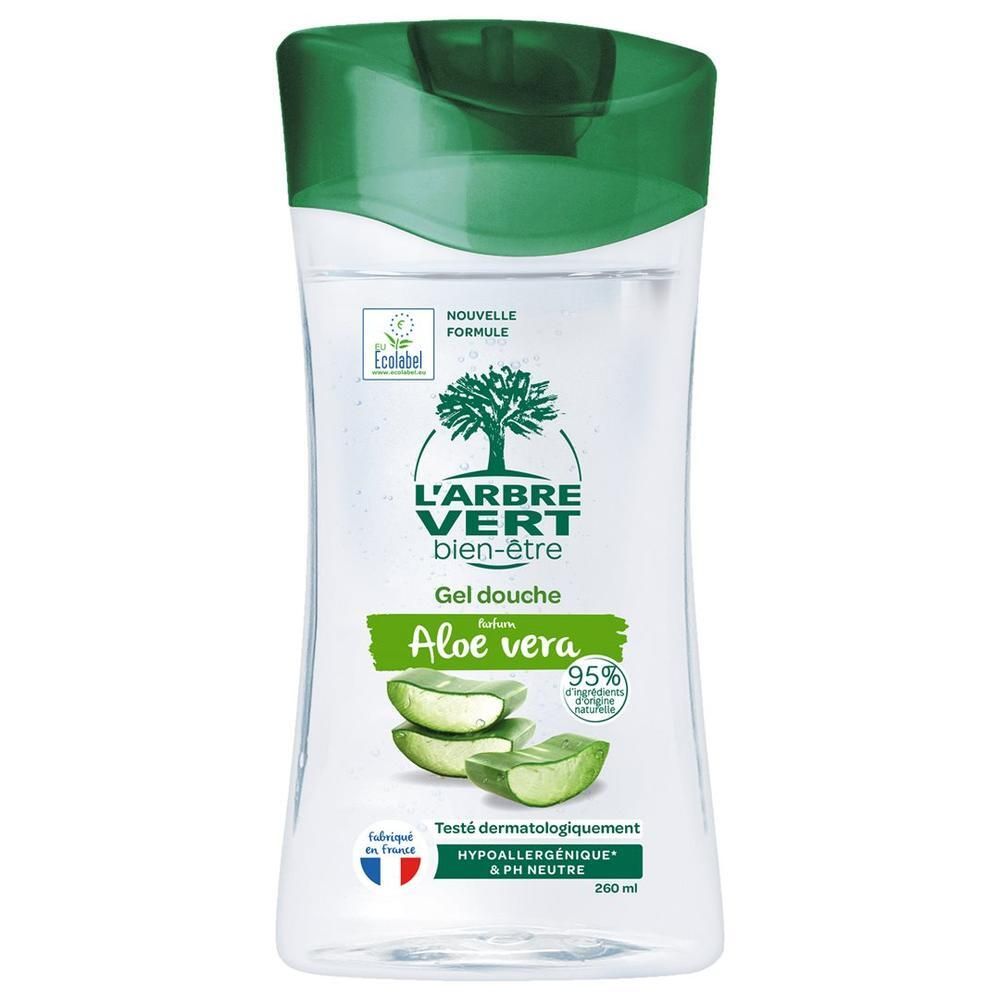 Körperwaschgel mit Aloe Vera. Transparente Flasche mit grünem Deckel. Logo: L'ARBRE VERT bien-être. Enthält 95% Inhaltsstoffe natürlichen Ursprungs.