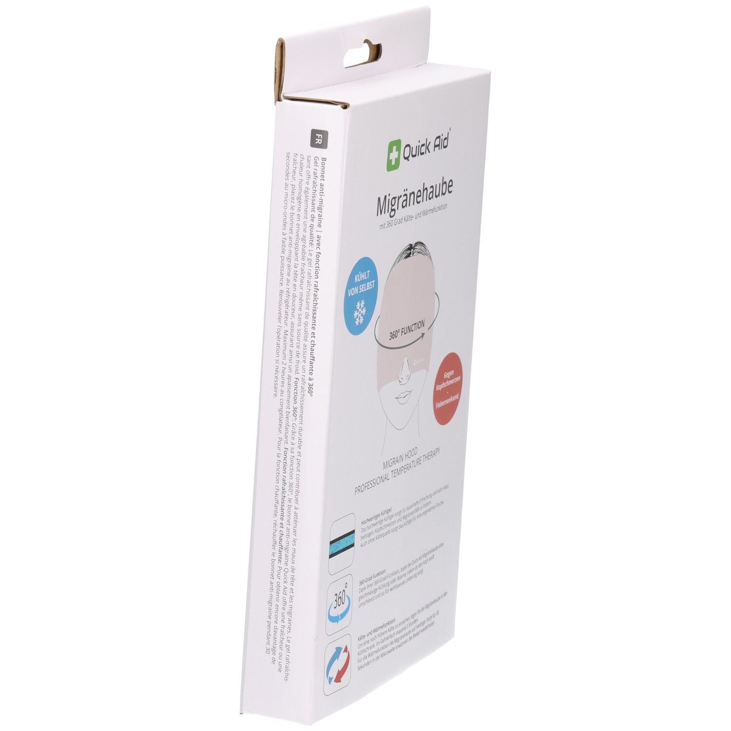 Seitenansicht der Verpackung der Migränehaube. Enthält detaillierte Produktinformationen und Anwendungshinweise.