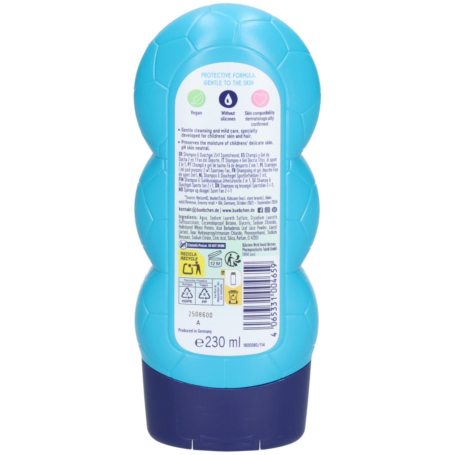 Rückseite der hellblauen Flasche. Text: Protective Formula, Gentle to the skin. Angaben zu Inhaltsstoffen und Recycling. Volumen: 230 ml.