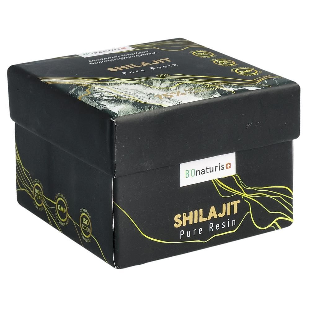 Schwarze BIONATURIS Shilajit Pure Resin Box mit goldenen Verzierungen und Siegeln.