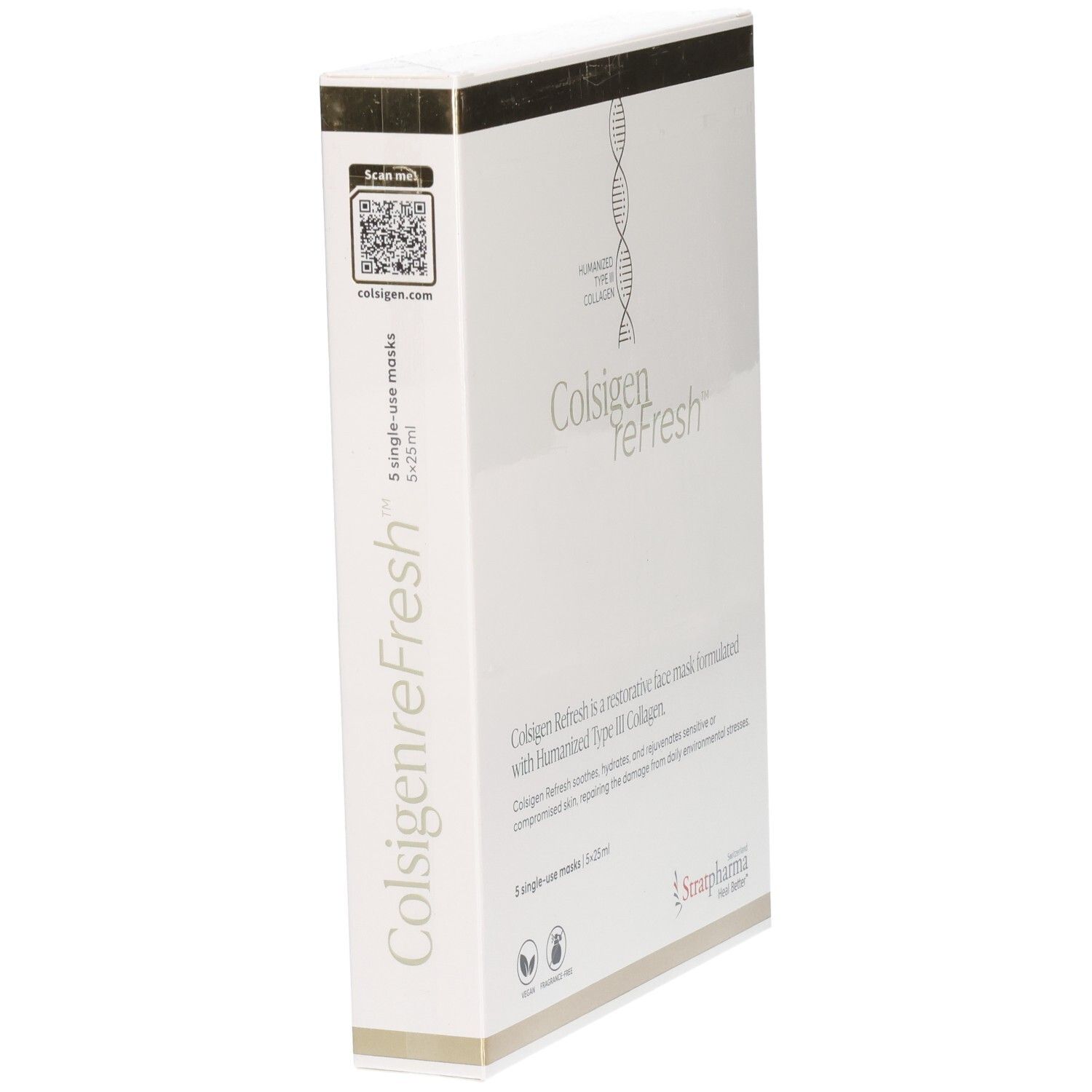 Stratpharma Colsigen Refresh Gesichtsmasken-Verpackung, Seitenansicht mit QR-Code und Produktinformationen.