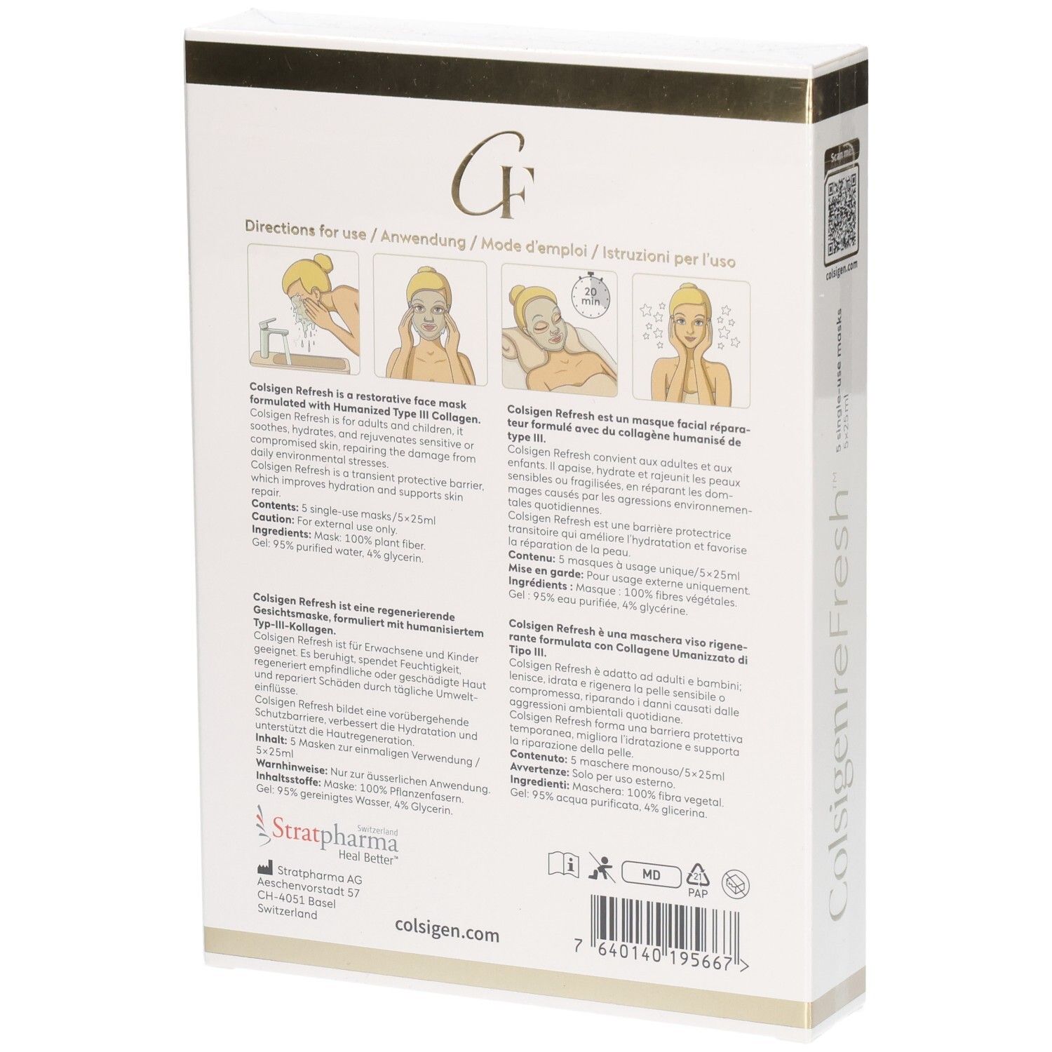 Rückseite der Stratpharma Colsigen Refresh Gesichtsmasken-Verpackung mit Anwendungshinweisen und Inhaltsstoffen.