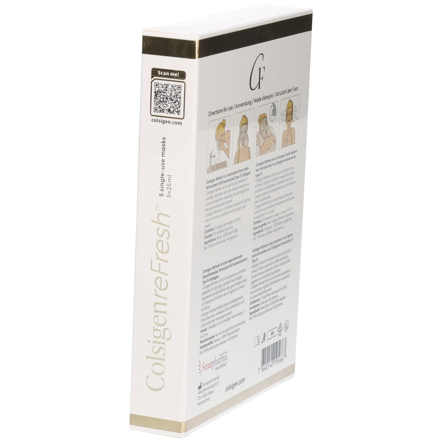 Stratpharma Colsigen Refresh Gesichtsmasken-Verpackung, Seitenansicht mit Anwendungshinweisen und QR-Code.