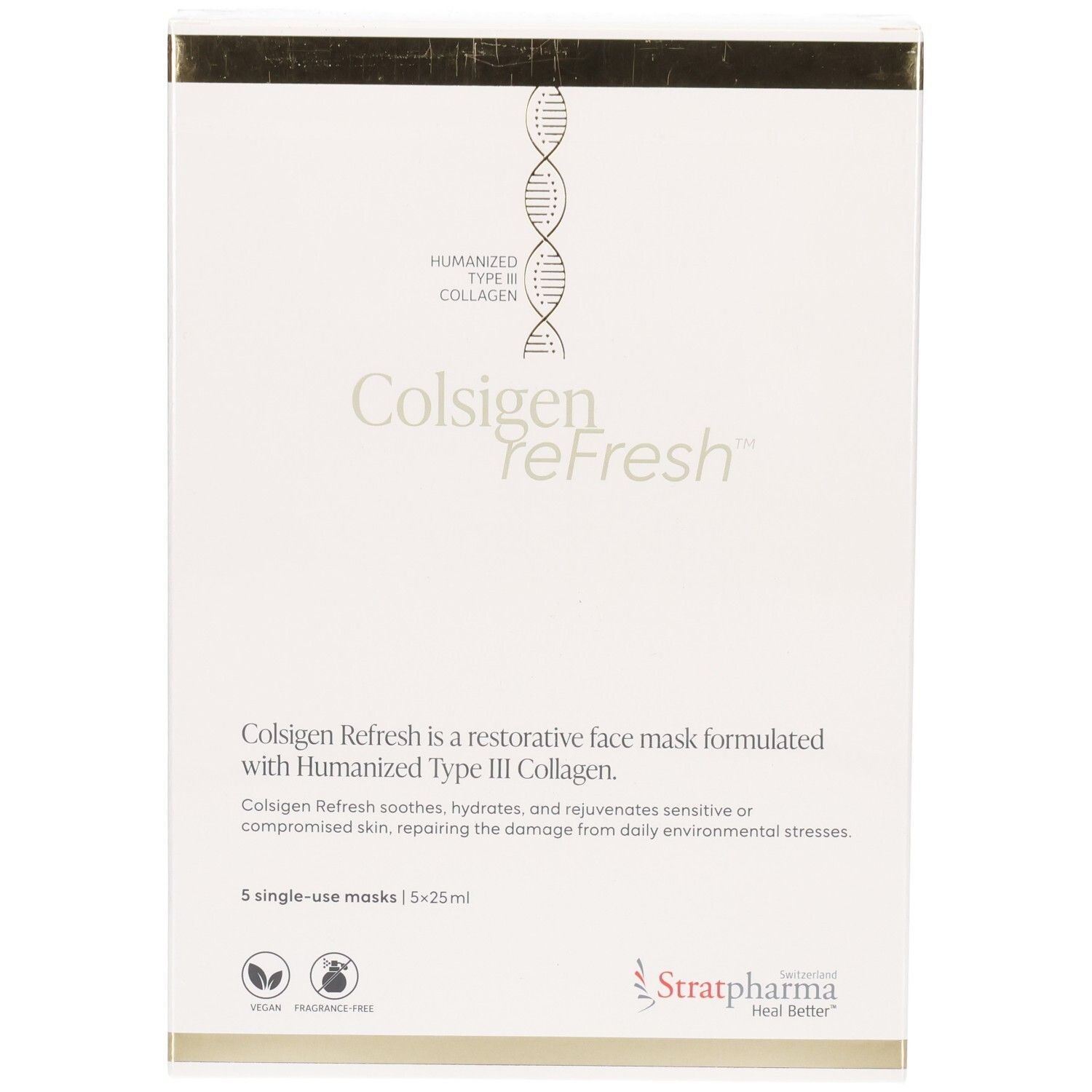 Stratpharma Colsigen Refresh Gesichtsmasken-Verpackung mit Kollagen-Symbol und Produktbeschreibung.