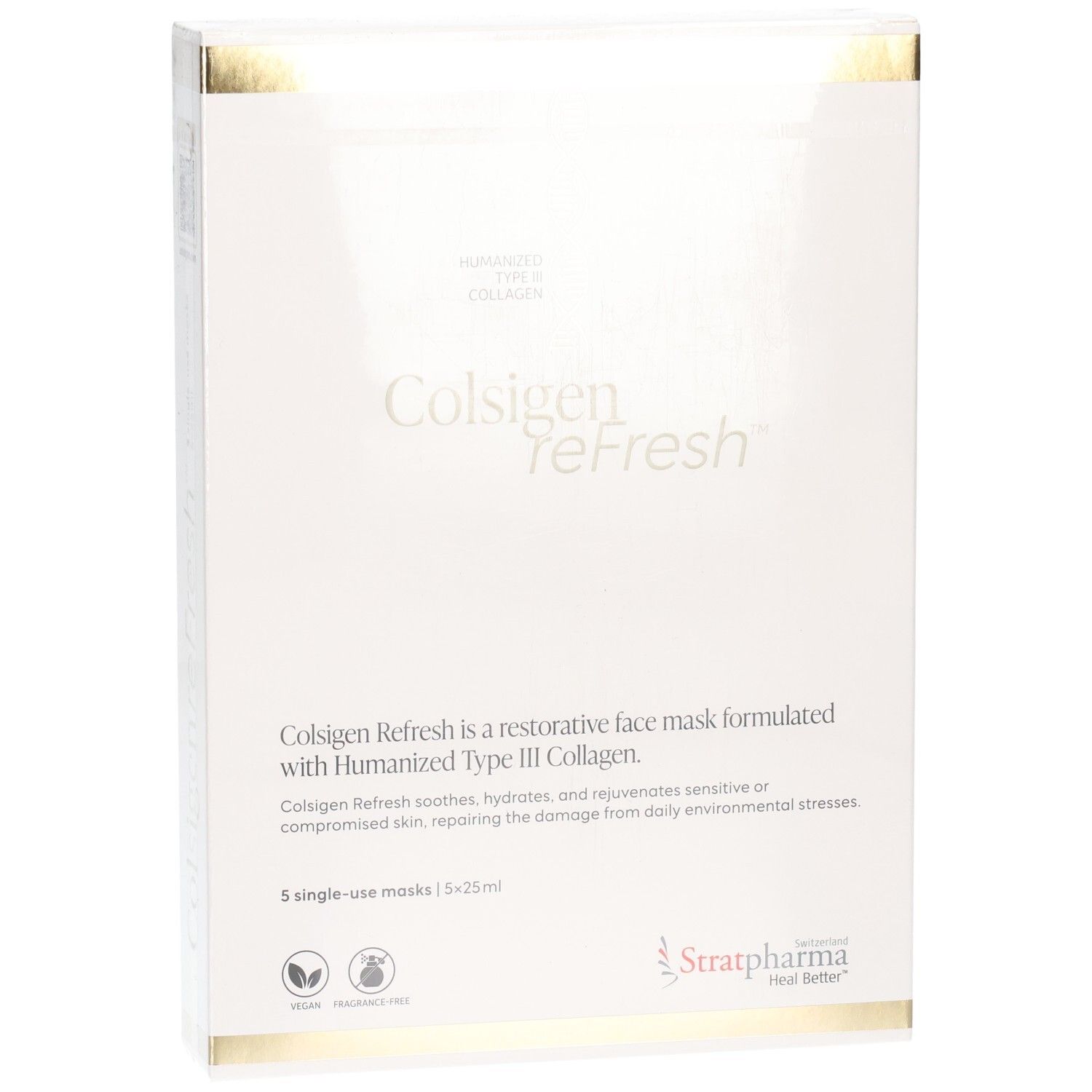 Stratpharma Colsigen Refresh Gesichtsmasken-Verpackung, Vorderseite mit Produktnamen und Beschreibung.