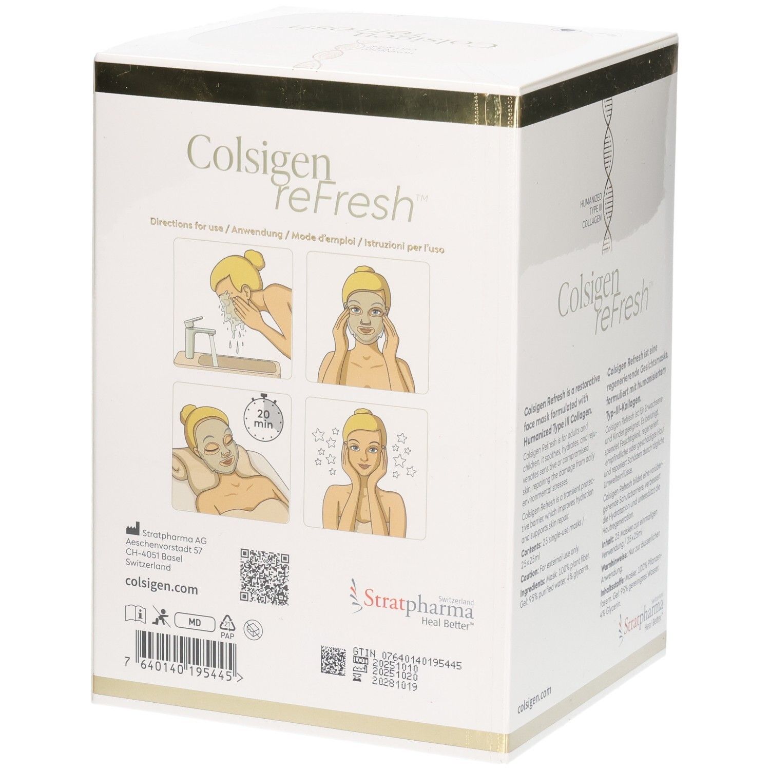Rückseite der Stratpharma Colsigen Refresh Gesichtsmasken-Box mit Anwendungshinweisen.
