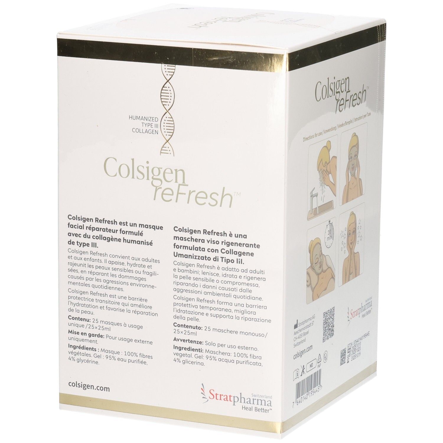 Stratpharma Colsigen Refresh Gesichtsmasken-Box mit Kollagen. Enthält 25 einzeln verpackte Masken.