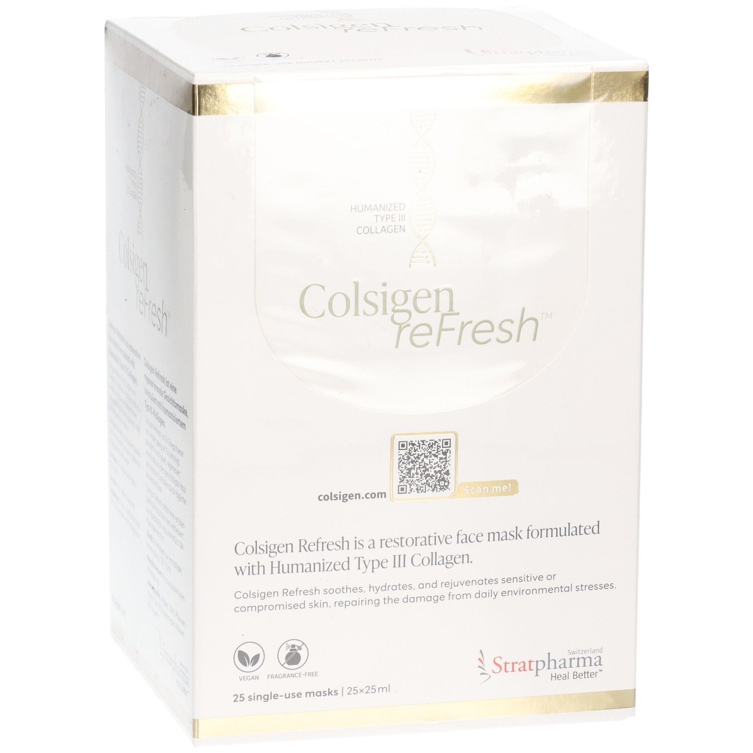 Stratpharma Colsigen Refresh Gesichtsmasken-Box mit Kollagen. Enthält 25 einzeln verpackte Masken.