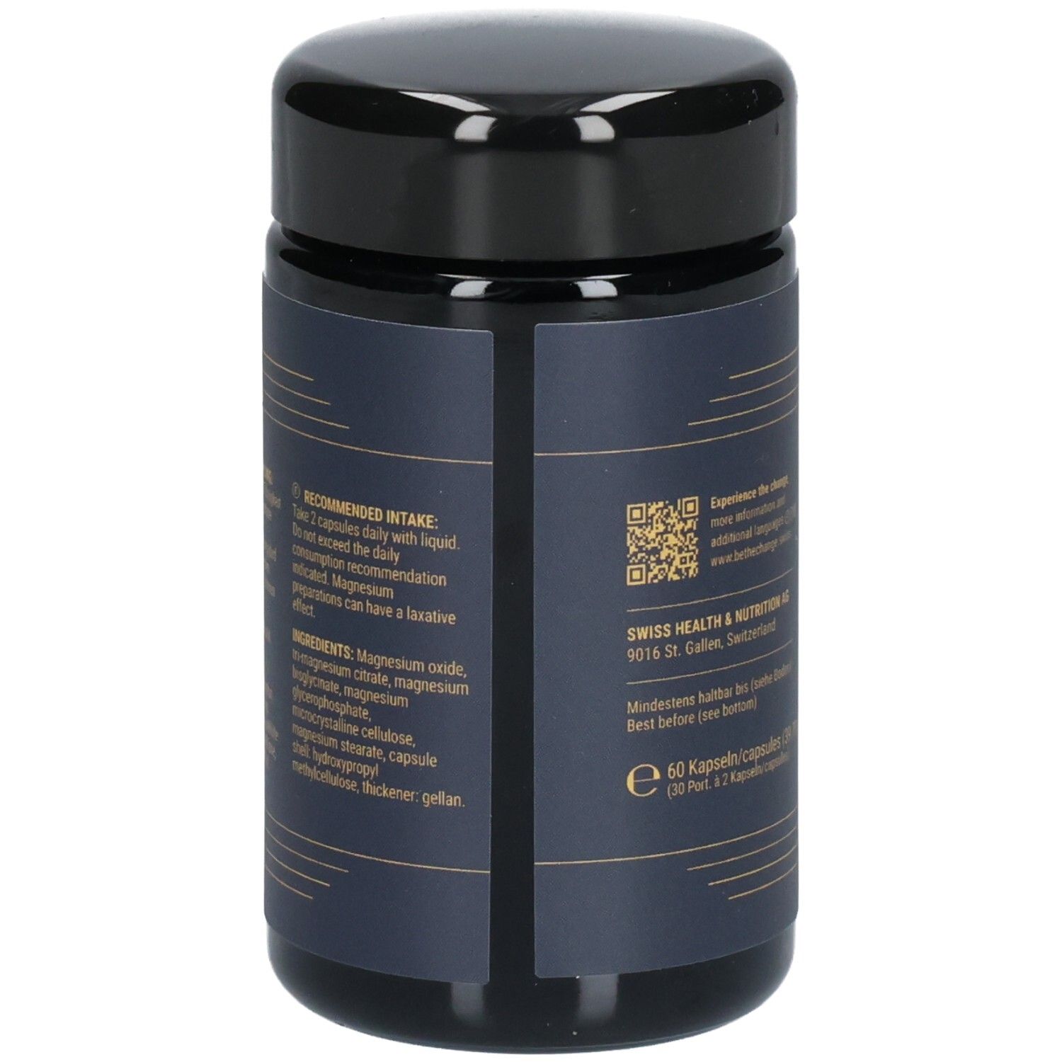 Rückseite der Dose THE CHANGE Four-Fold Magnesium mit Zutatenliste.