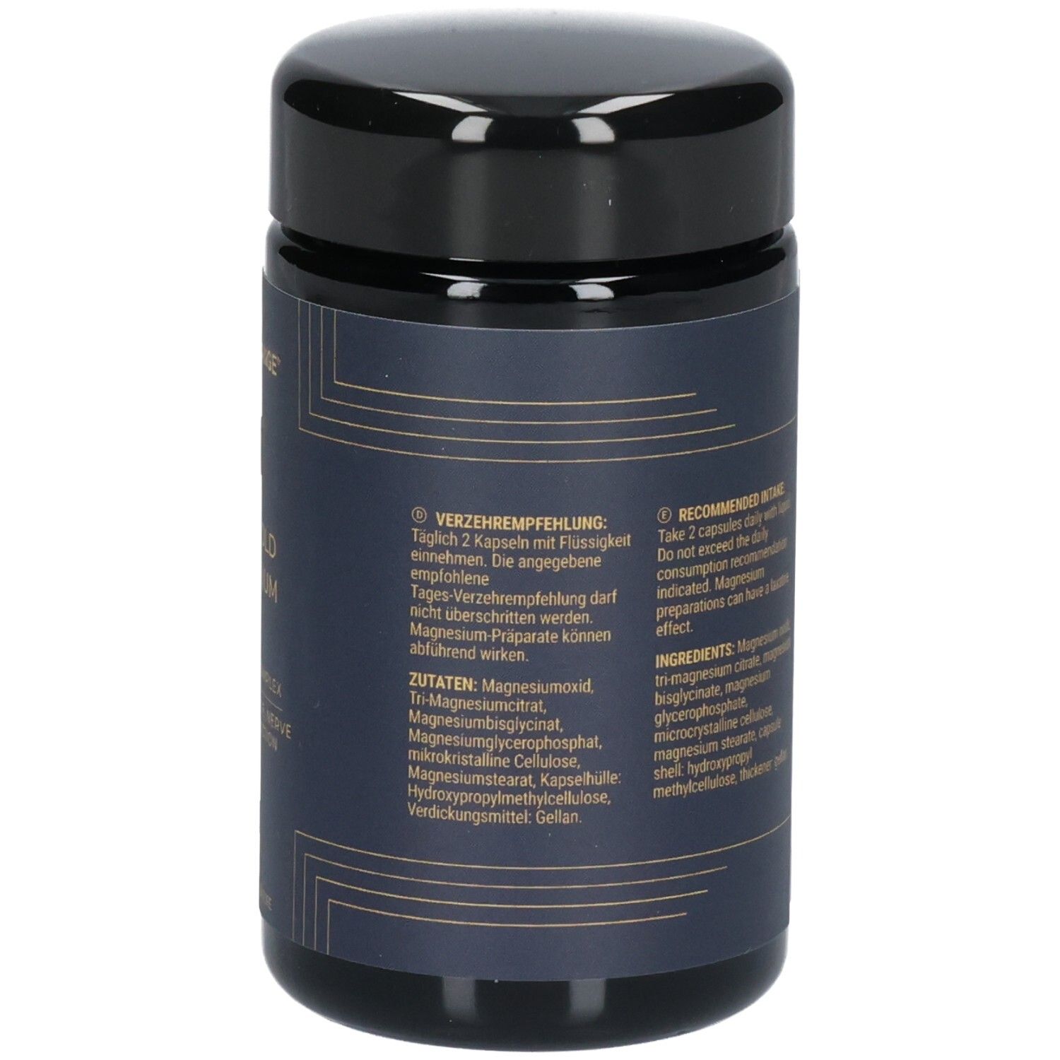 Rückseite der Dose THE CHANGE Four-Fold Magnesium mit Dosierung.