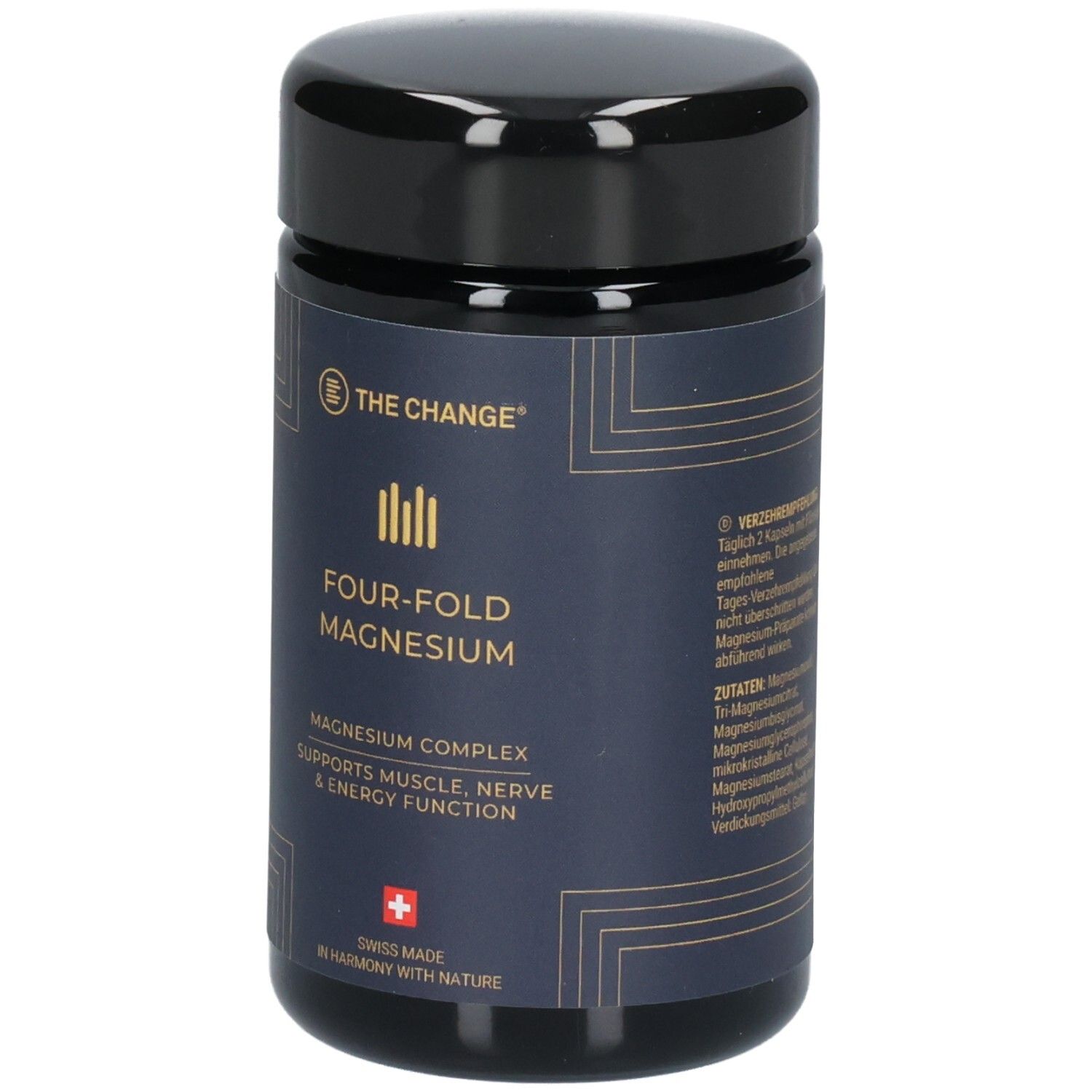 Dose THE CHANGE Four-Fold Magnesium mit Etikett und Schweizer Kreuz.