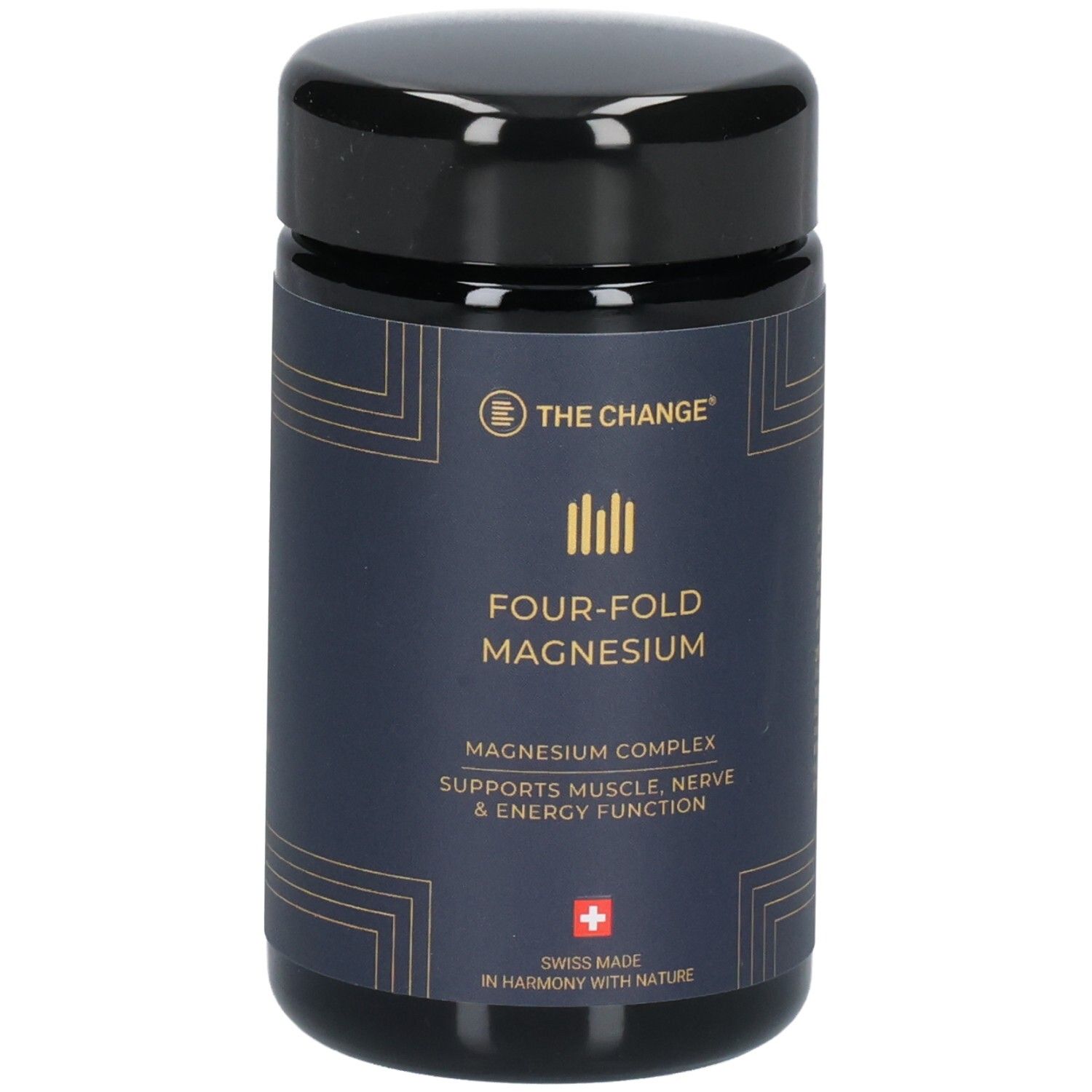 Dose THE CHANGE Four-Fold Magnesium mit Etikett und Text.
