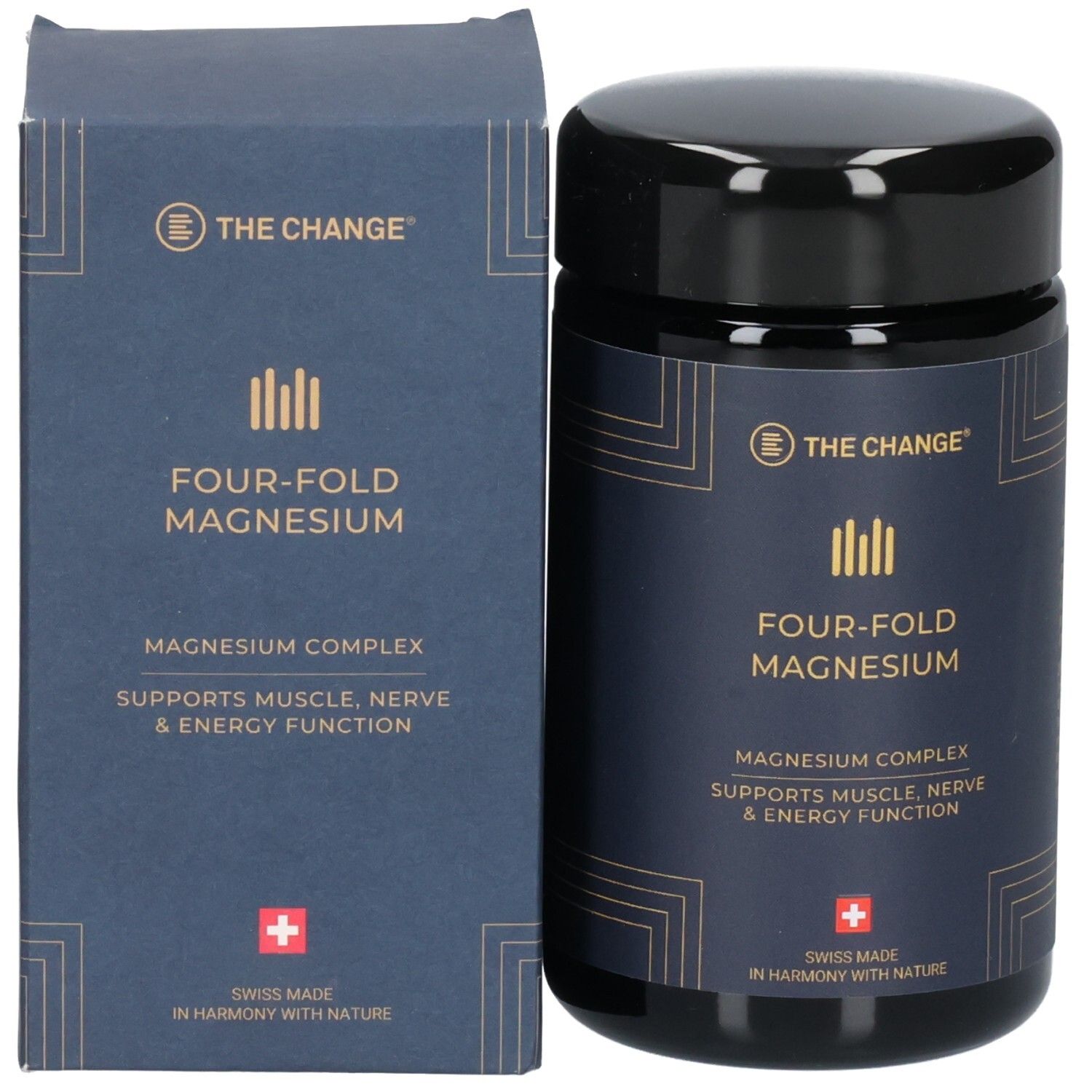 Verpackung und Dose THE CHANGE Four-Fold Magnesium nebeneinander.