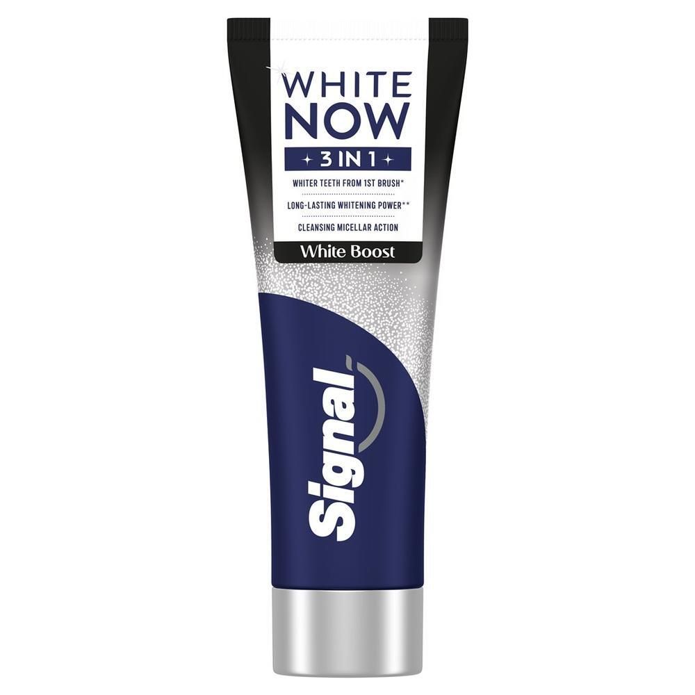 Tube de dentifrice SIGNAL White Now 3-en-1. Blanc, bleu et argenté. Inscription : White Now, 3 en 1, White Boost. Logo Signal.