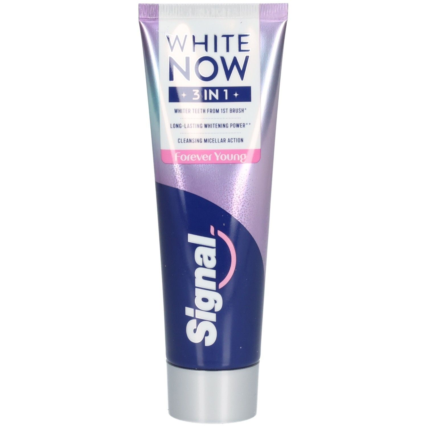 Tube de dentifrice "WHITE NOW 3 IN 1". Design violet et blanc, texte "Forever Young". Marque : Signal.