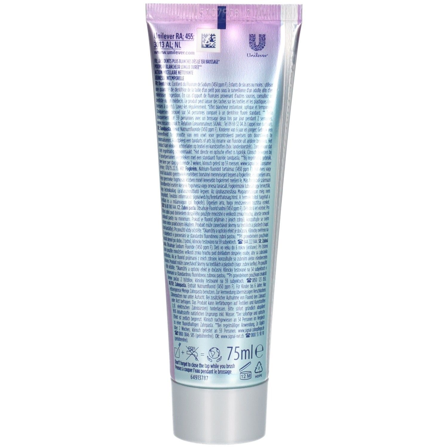 Dos du tube de dentifrice. Texte multilingue, logo Unilever, indication 75ml.