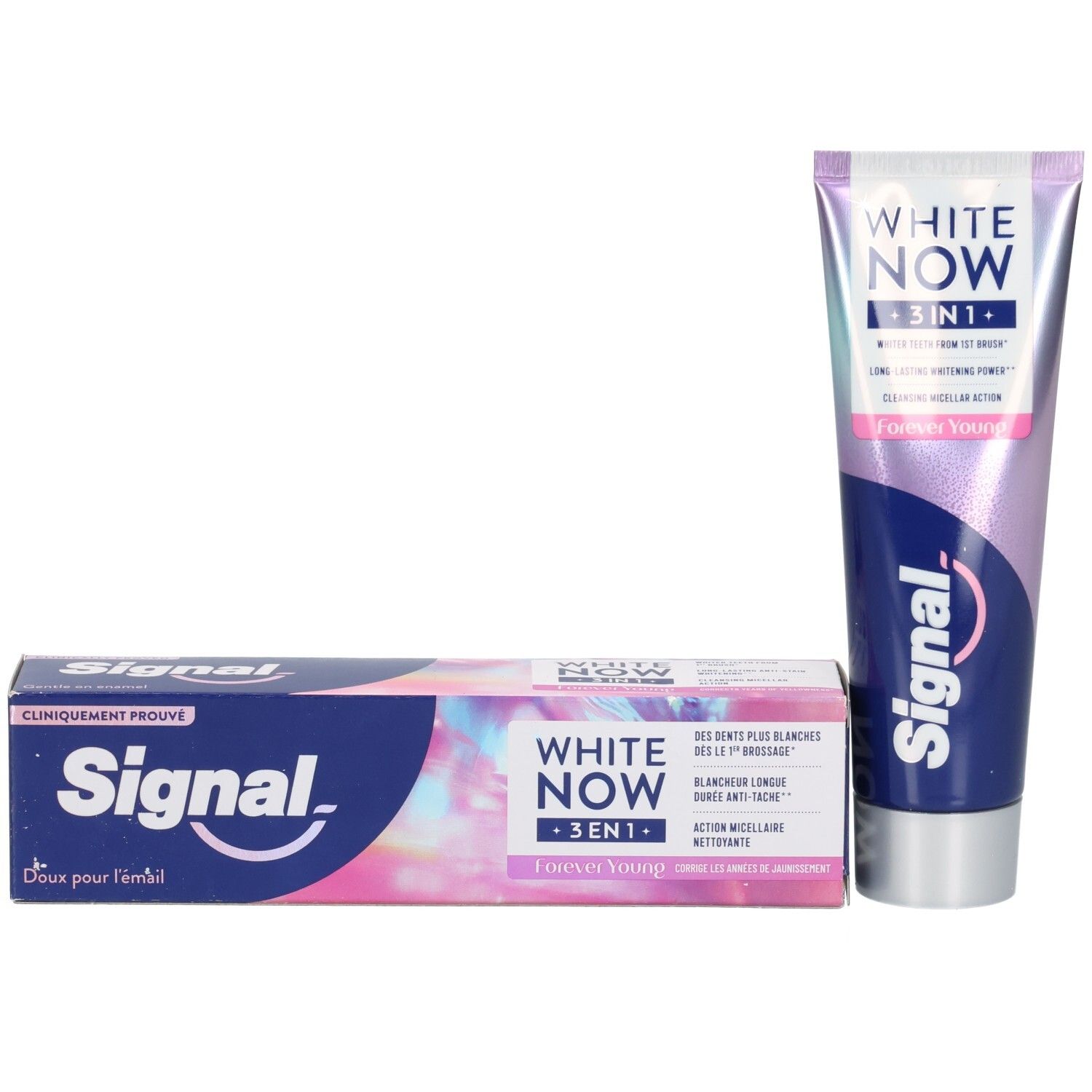 Tube et boîte de dentifrice. Tous deux avec "WHITE NOW 3 IN 1" et "Forever Young". Marque : Signal.