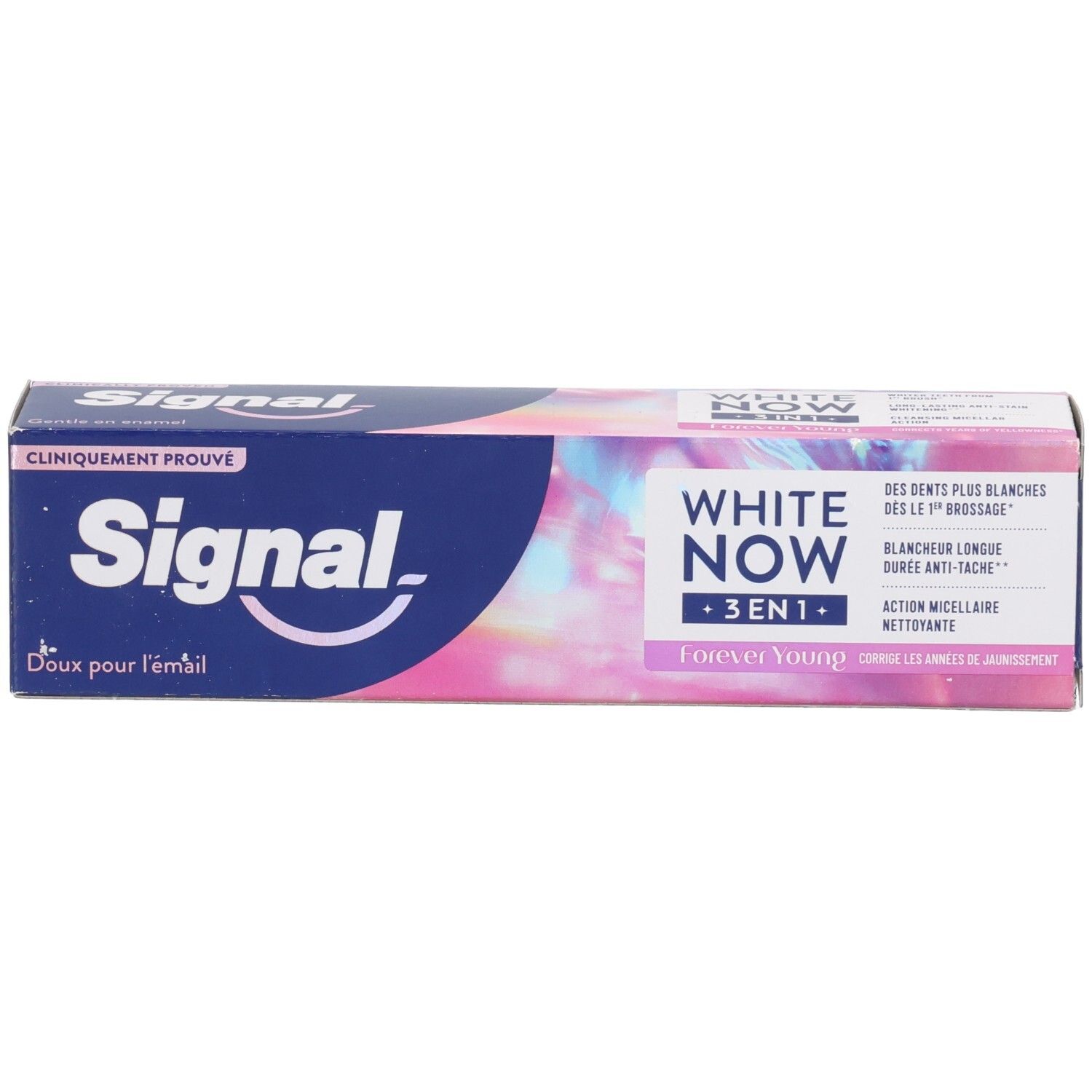 Boîte de dentifrice avec "WHITE NOW 3 IN 1" et "Forever Young". Marque : Signal. Design bleu et blanc.
