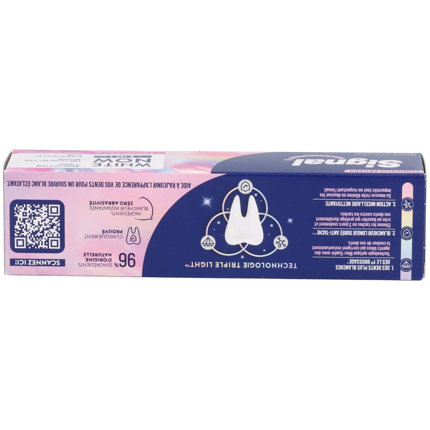Boîte de dentifrice, dessus. Texte "WHITE NOW 3 IN 1" et "Forever Young". Marque : Signal. Code QR.