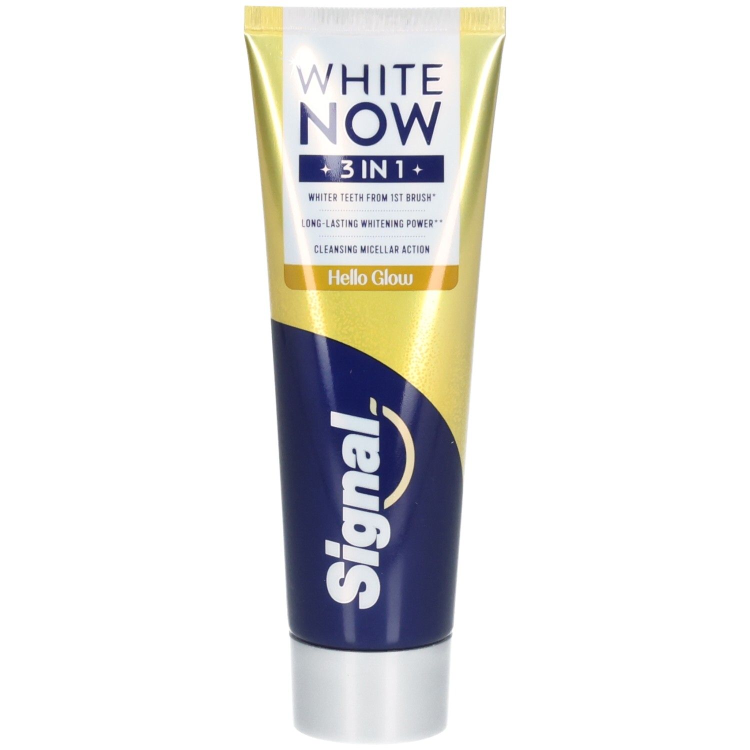 Tube de dentifrice avec bouchon blanc. Inscription: WHITE NOW 3in1, Signal. Couleurs jaune et bleu.