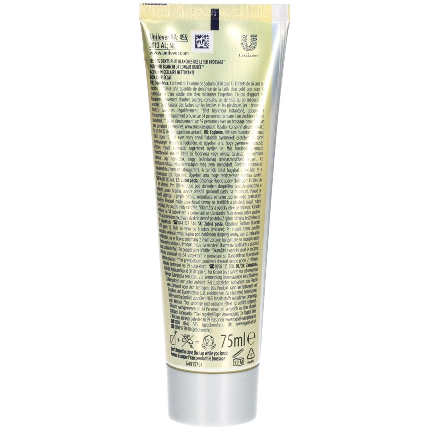 Dos du tube de dentifrice. Texte en plusieurs langues. Tube argenté avec bouchon blanc.