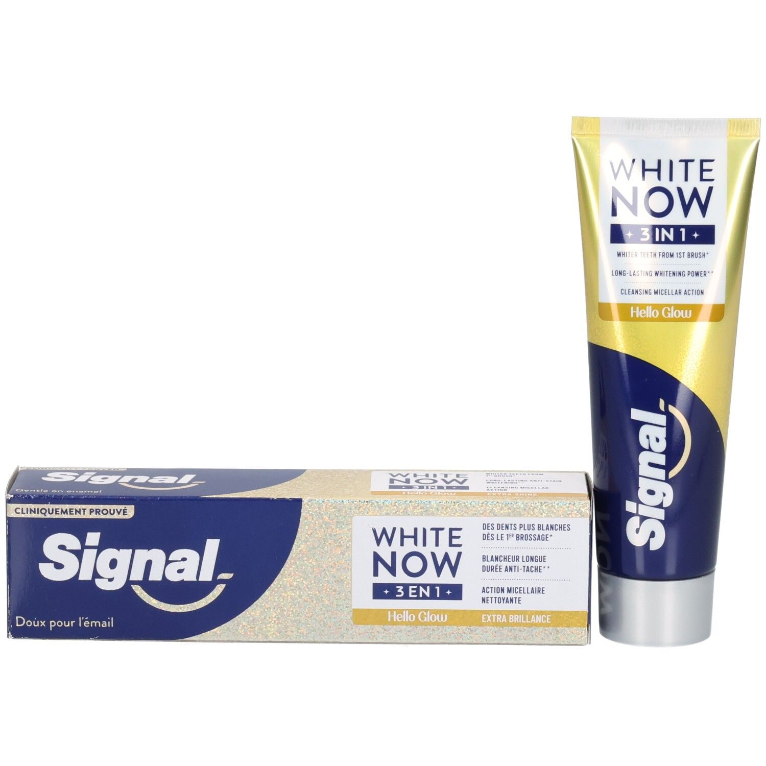 Tube de dentifrice et boîte. Inscription: WHITE NOW 3in1, Signal. Couleurs jaune et bleu.