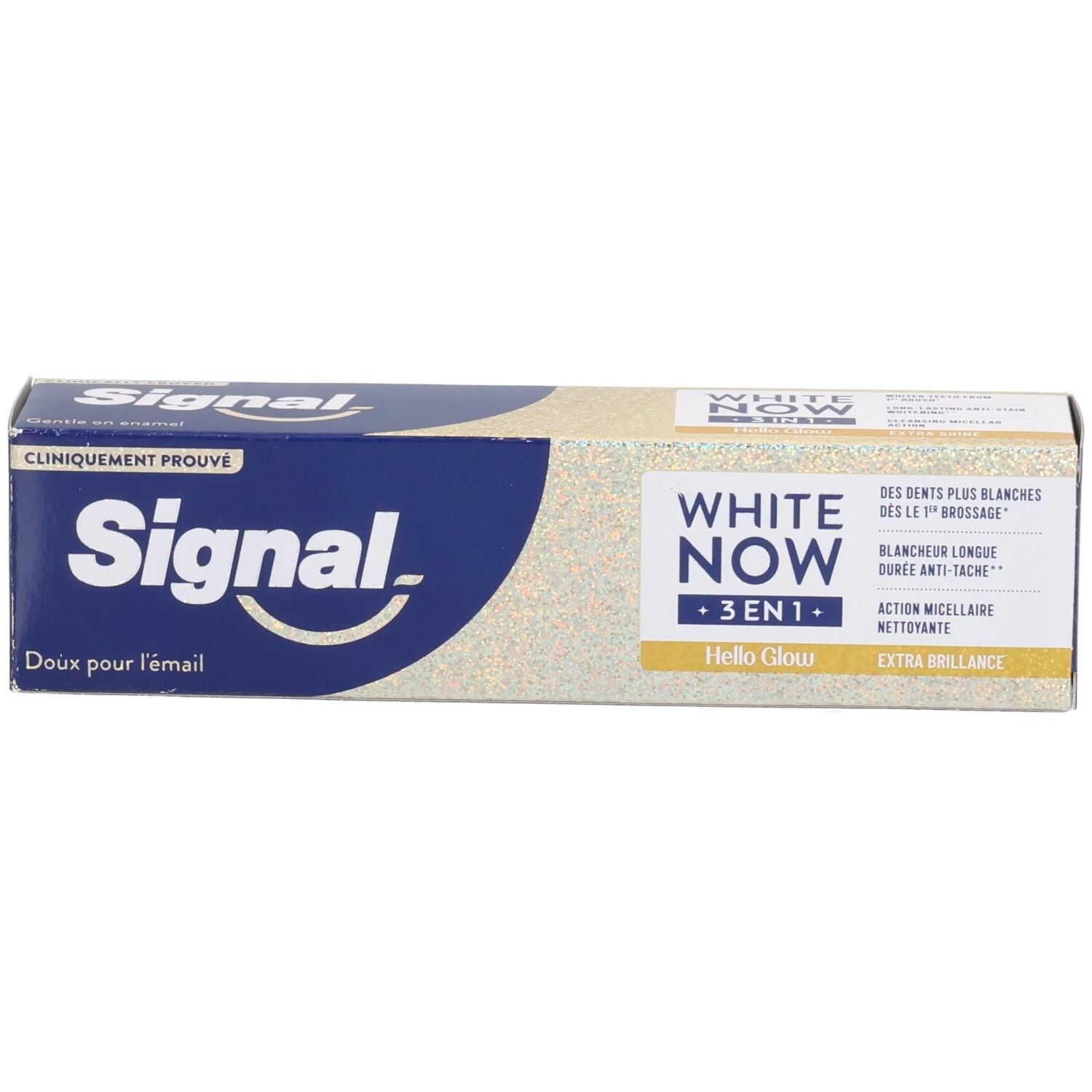 Boîte de dentifrice. Inscription: WHITE NOW 3in1, Signal. Couleurs jaune et bleu.